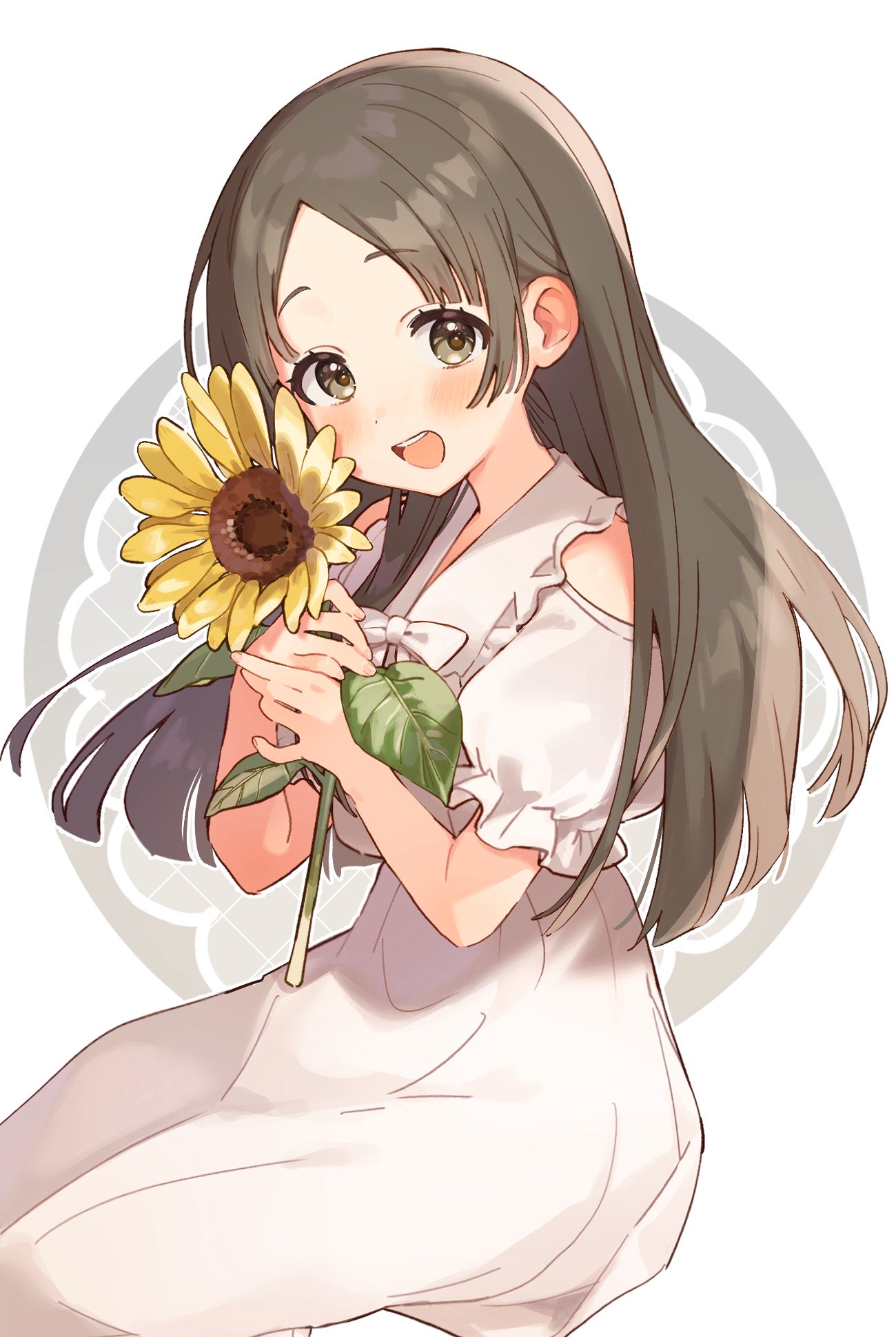 uminokaisen, kuramoto china, gakuen idolmaster, idolmaster, highres, 1girl, :d, blush, brown eyes, brown hair, clothing cutout, dress, flower, holding, holding flower, long hair, looking at viewer, open mouth, parted bangs, puffy short sleeves, puffy sleeves, short sleeves, shoulder cutout, smile, solo, sunflower, teeth, upper teeth only, white background, white dress