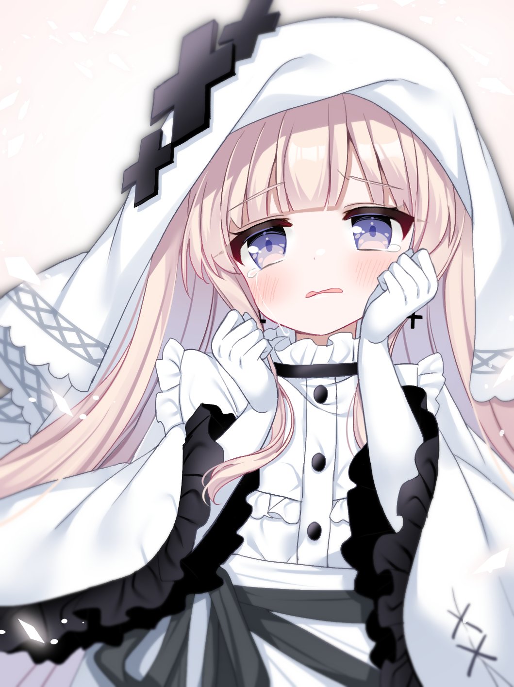 shikito (yawa0w0), hikami meruru, mahou shoujo no majo saiban, commentary request, highres, 1girl, blonde hair, blunt bangs, blush, cross, cross earrings, dress, earrings, frilled dress, frills, gloves, hands up, jewelry, long hair, long sleeves, looking at viewer, open mouth, priestess, purple eyes, simple background, solo, tearing up, upper body, veil, white background, white dress, white gloves, white veil