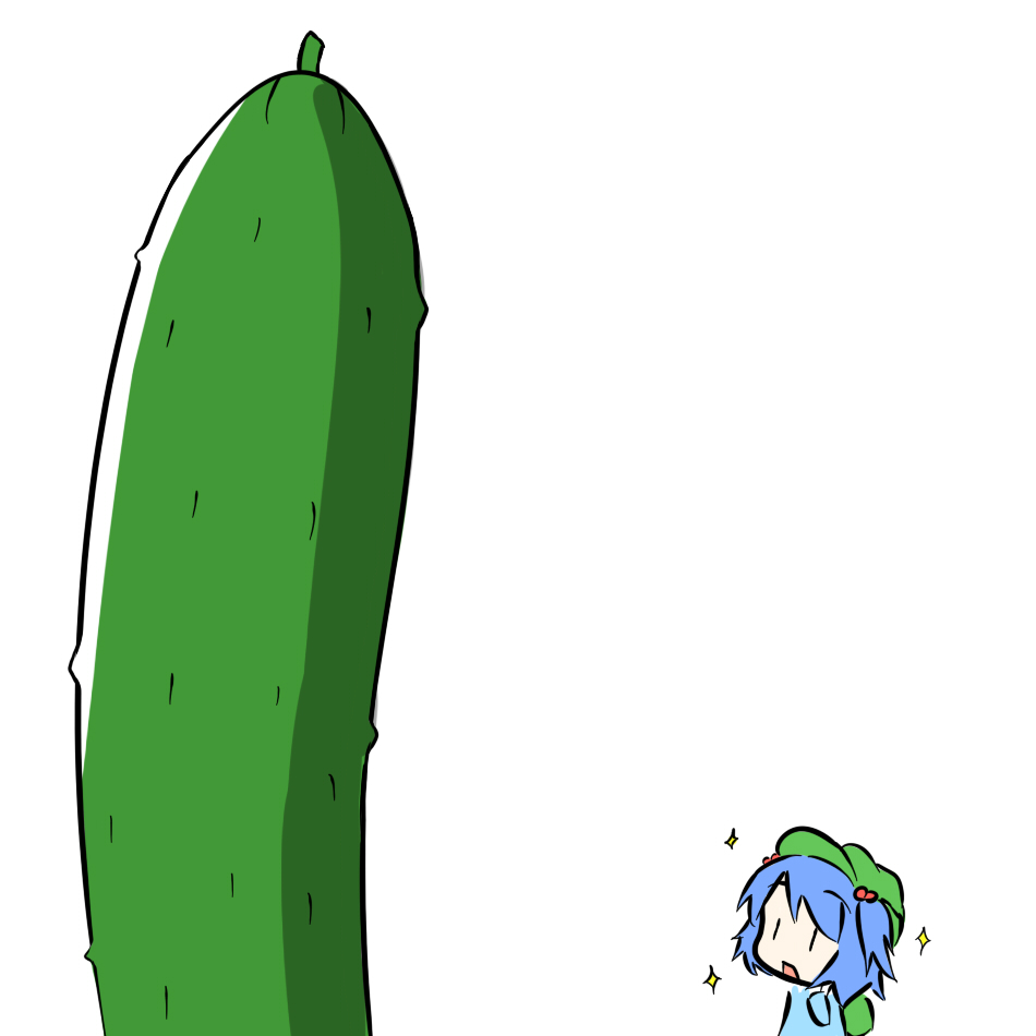aoblue, kawashiro nitori, touhou, 1girl, backpack, bag, blue hair, chibi, cucumber, female focus, hat, randoseru, short hair, simple background, solo, two side up, white background, | |