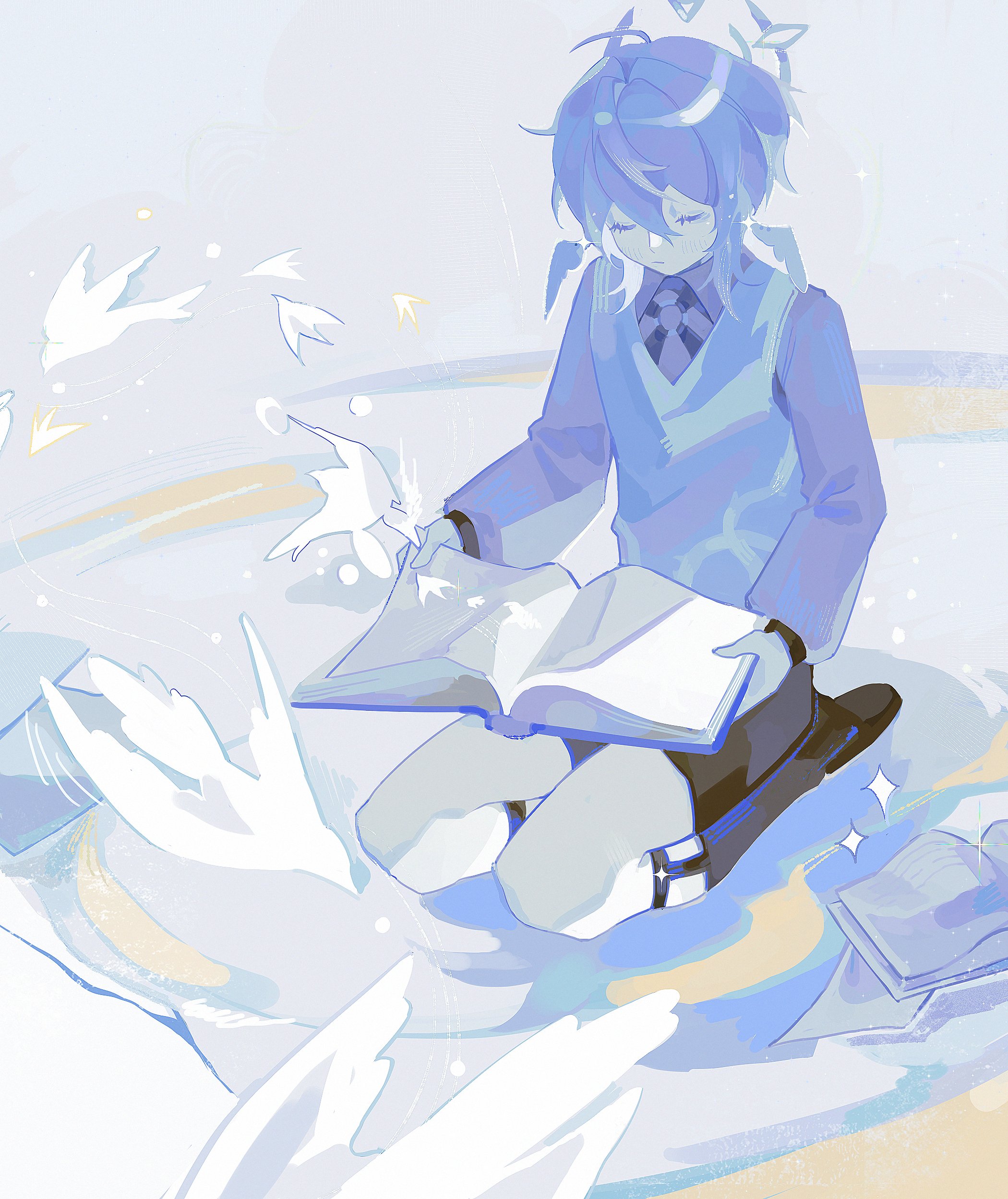 sunday (honkai: star rail), honkai: star rail, honkai (series), absurdres, highres, 1boy, anar 9158, bird, black shorts, book, closed eyes, closed mouth, grey hair, halo, head wings, holding, holding book, long sleeves, male focus, shorts, solo, wings