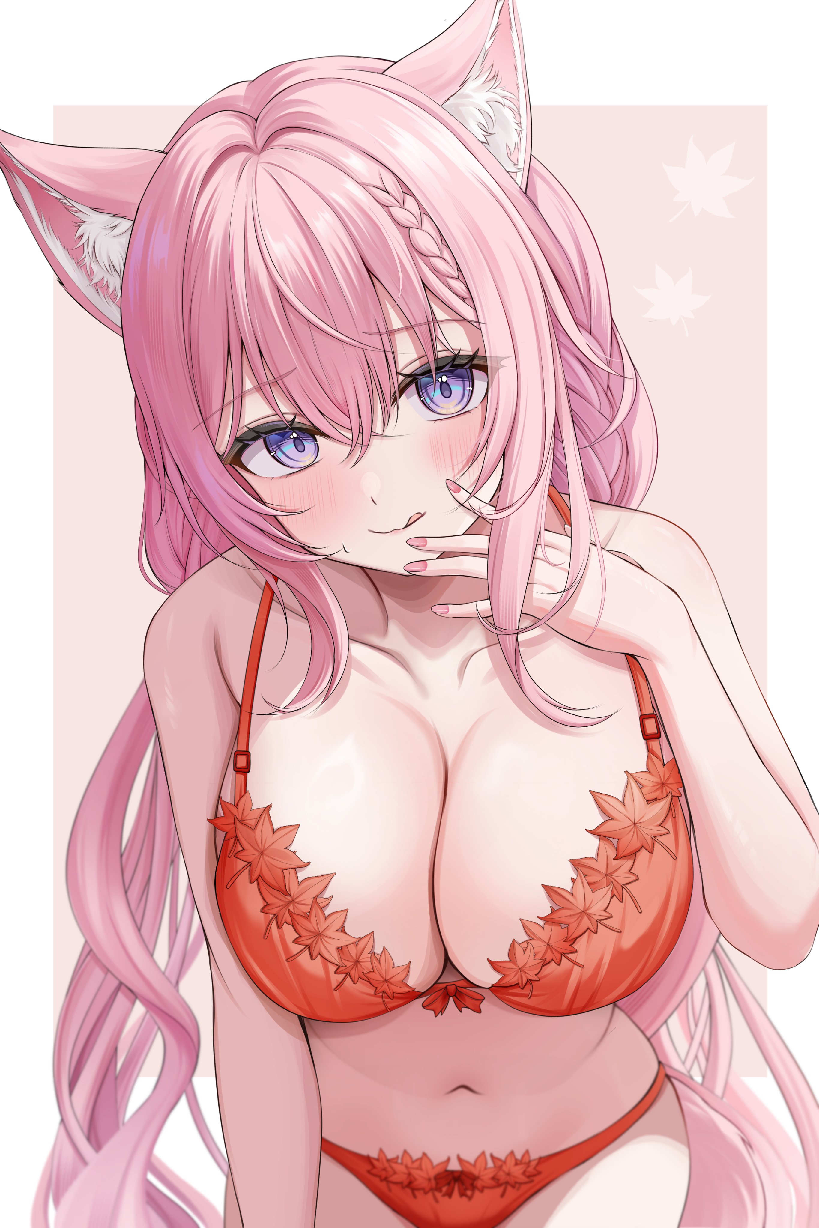 7nopi, hakui koyori, hololive, absurdres, commentary request, highres, 1girl, animal ear fluff, animal ears, bare shoulders, blush, border, bra, braid, breasts, choppy bangs, cleavage, closed mouth, collarbone, crossed bangs, front-tie bra, hair between eyes, hand up, head tilt, inset border, large breasts, licking lips, long hair, looking at viewer, nail polish, navel, orange bra, orange panties, panties, pink background, pink hair, pink nails, purple eyes, sidelocks, solo, standing, standing on one leg, stomach, thighs, tongue, tongue out, underwear, underwear only, very long hair, virtual youtuber, white border, wolf ears, wolf girl