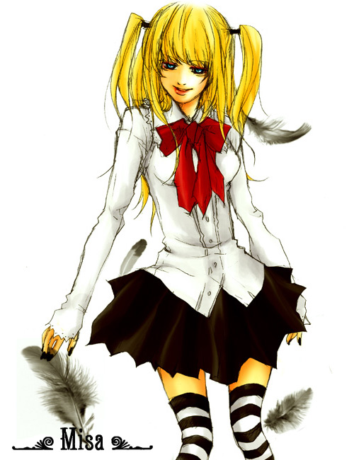 haruurara, amane misa, death note, 00s, 1girl, blonde hair, blue eyes, feathers, female focus, goth fashion, long hair, skirt, solo, striped clothes, striped thighhighs, thighhighs, twintails, two side up
