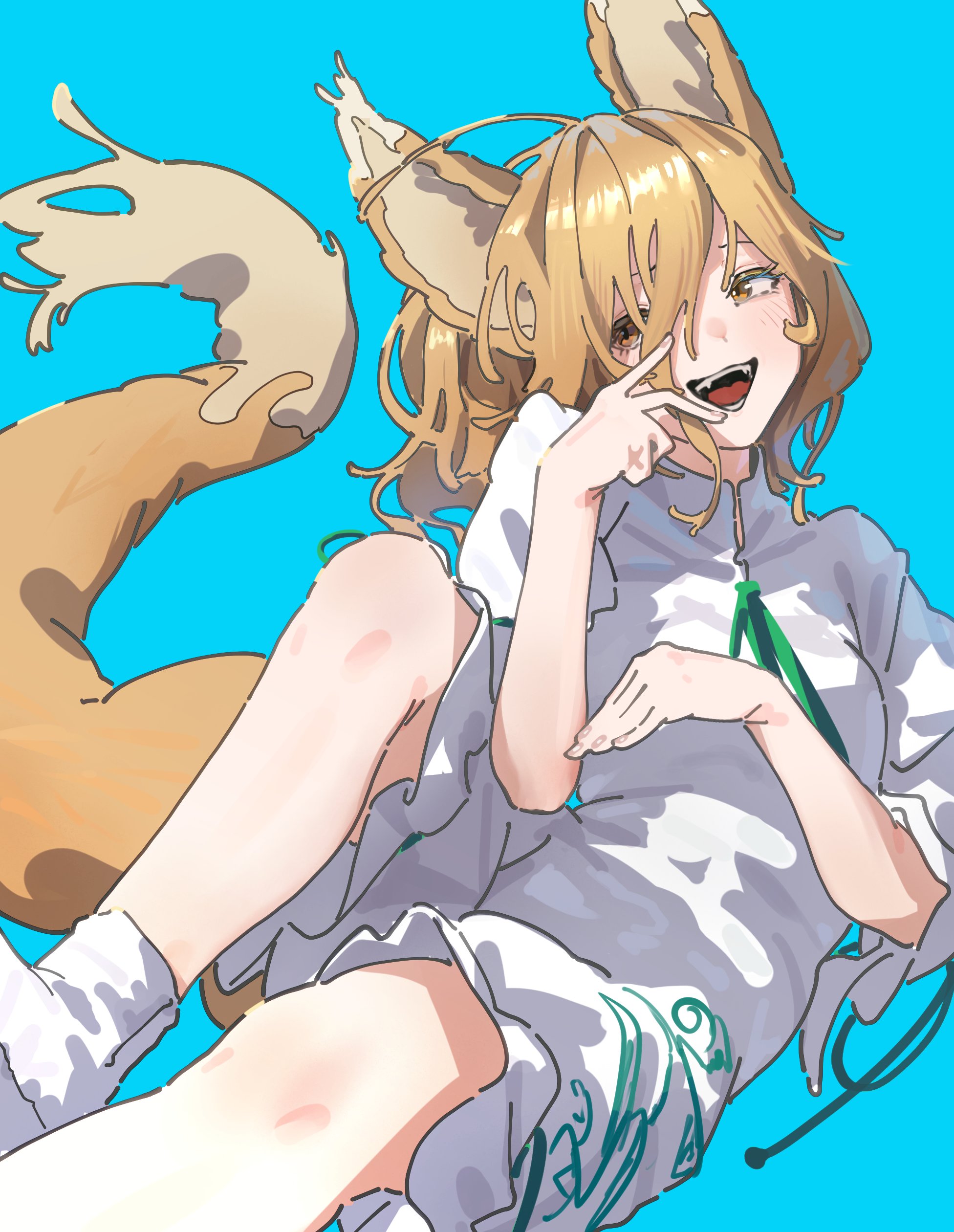 kajatony, kudamaki tsukasa, touhou, absurdres, highres, 1girl, animal ears, blonde hair, blush, fox ears, fox girl, fox tail, green ribbon, hair between eyes, open mouth, ribbon, romper, short hair, short sleeves, smile, solo, tail, white romper, yellow eyes