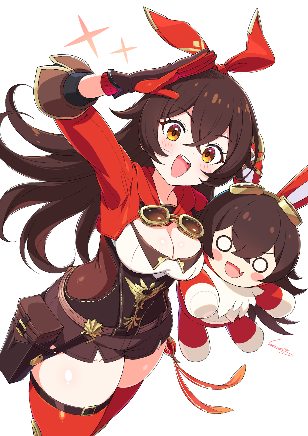 kamuraaa 615, amber (genshin impact), baron bunny (genshin impact), genshin impact, highres, 1girl, :d, arm up, blush, breasts, brown corset, brown hair, brown shorts, corset, cowboy shot, cropped jacket, crossed bangs, gloves, goggles, hair between eyes, hairband, jacket, long hair, medium breasts, open mouth, pouch, red hairband, red jacket, red thighhighs, salute, shorts, simple background, smile, sparkle, teeth, thighhighs, two-tone gloves, upper teeth only, vision (genshin impact), white background, yellow eyes