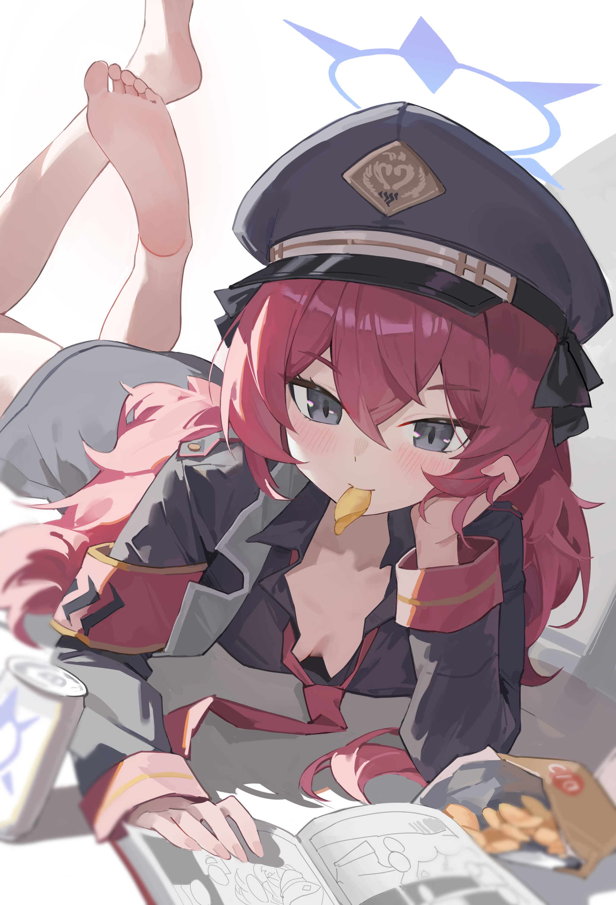 fang5hine, iroha (blue archive), blue archive, fluffy hair, absurdres, commentary request, highres, 1girl, armband, bag of chips, barefoot, black jacket, blush, book, breasts, can, chips (food), downblouse, drink can, feet up, food, food in mouth, gehenna academy logo, grey eyes, halo, hand on own cheek, hand on own face, hat, head rest, jacket, long hair, looking at viewer, loose necktie, lying, manga (object), military hat, military jacket, necktie, no bra, on stomach, open book, peaked cap, potato chips, purple halo, red armband, red hair, red necktie, small breasts, soles, solo, white background