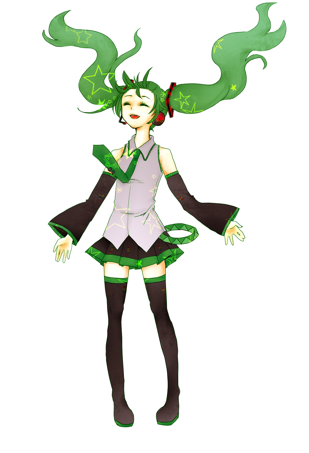 haruurara, tomoyo kinoko, hatsune miku, vocaloid, bad id, bad pixiv id, colorized, highres, closed eyes, detached sleeves, green hair, headphones, microphone, necktie, skirt, smile, solo, star (symbol), thighhighs, twintails