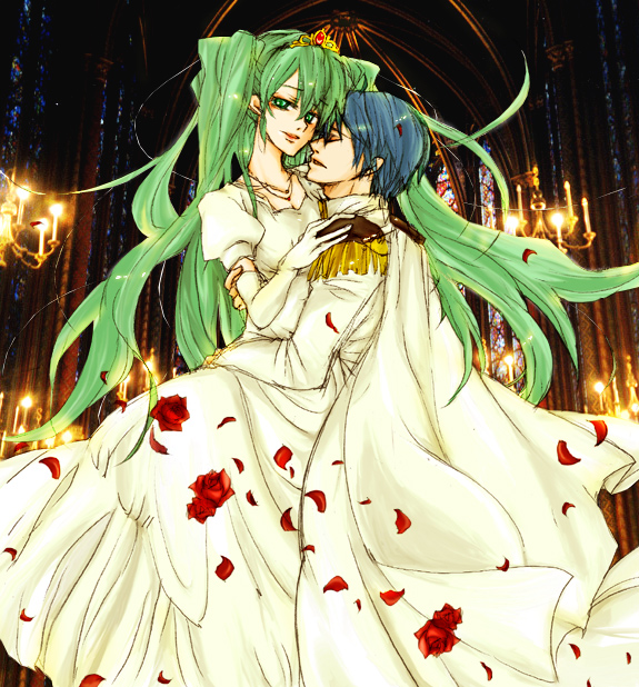 haruurara, cendrillon (toaru majutsu no index), hatsune miku, kaito (vocaloid), cendrillon (vocaloid), vocaloid, bride, carrying, chandelier, dress, elbow gloves, flower, gloves, green eyes, green hair, hug, jewelry, long hair, necklace, rose, tiara, twintails, wedding dress
