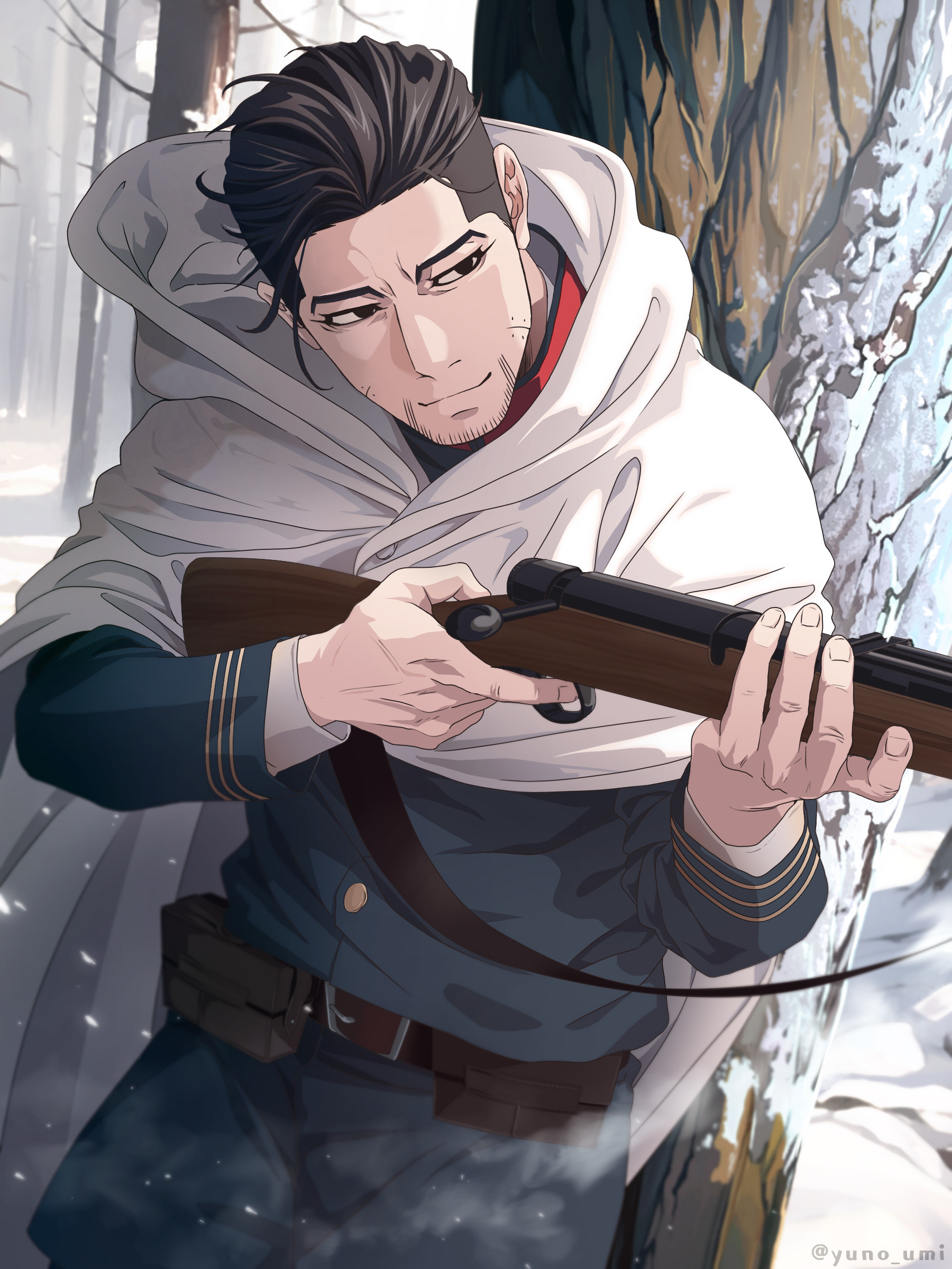 washiko (rasuko), ogata hyakunosuke, golden kamuy, absurdres, highres, 1boy, belt, black hair, brown belt, cloak, facial hair, goatee stubble, gun, holding, holding gun, holding weapon, hood, hood down, hooded cloak, long sleeves, male focus, military uniform, outdoors, rifle, scar, scar on face, short hair, solo, stubble, weapon, winter