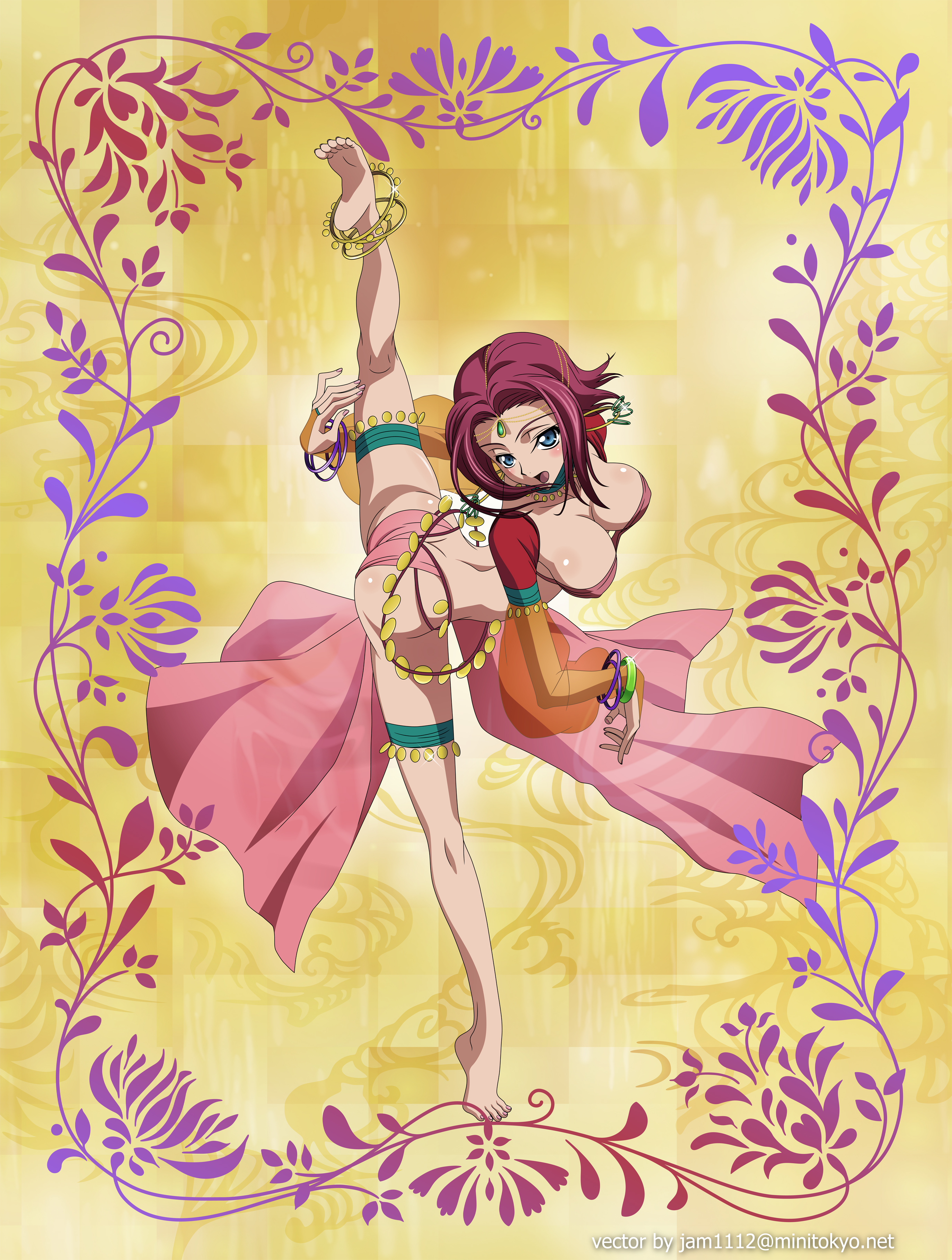 kouzuki kallen, code geass, absurdres, derivative work, highres, vector trace, 00s, 1girl, anklet, arabian clothes, bad anatomy, bad feet, barefoot, blue eyes, blush, breasts, cleavage, dancer, feet, female focus, flexible, gypsy, hanging breasts, jewelry, large breasts, lots of jewelry, poorly drawn, red hair, short hair, solo, split, standing, standing on one leg, standing split, thighs, watermark