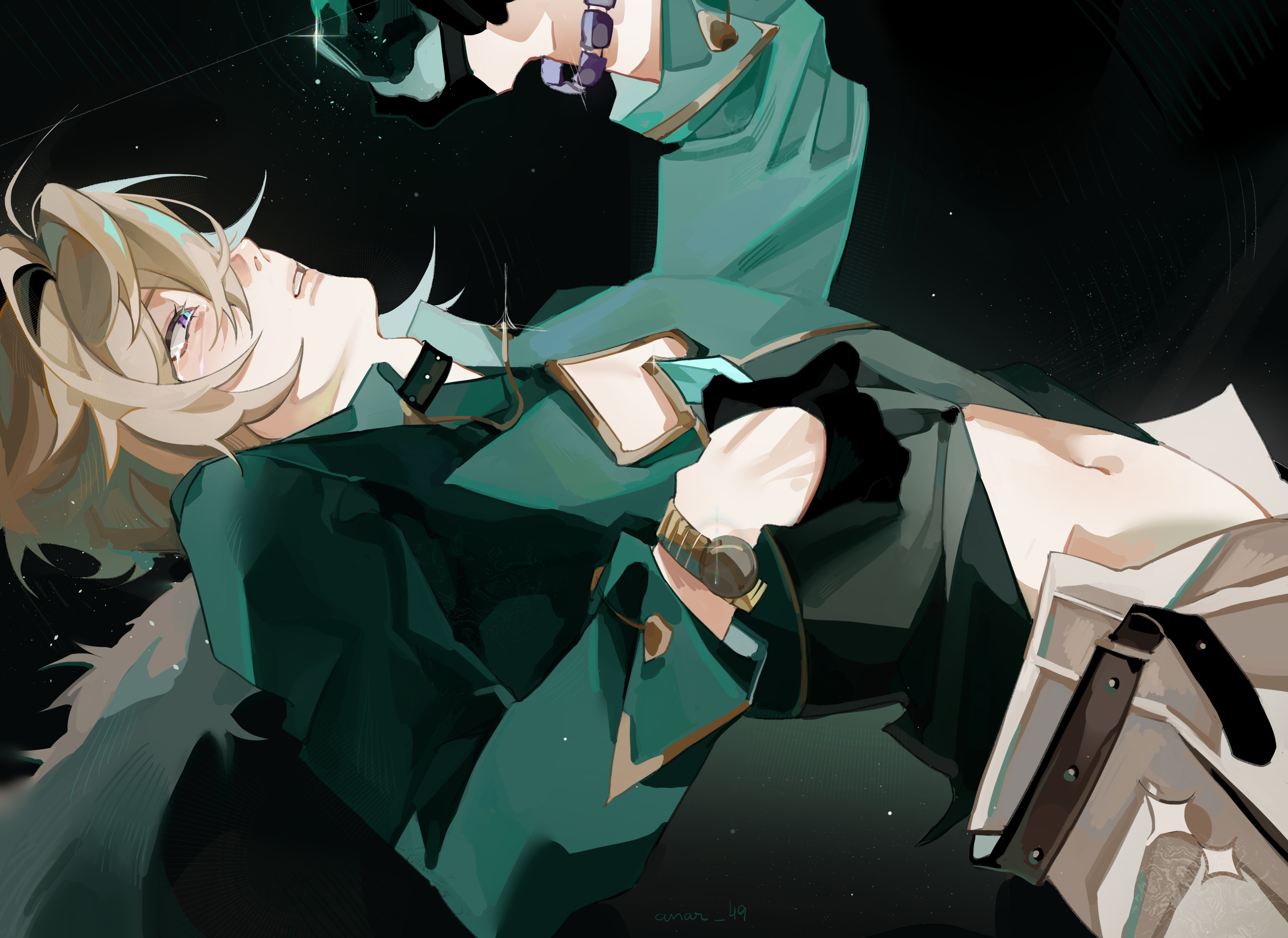 aventurine (honkai: star rail), honkai: star rail, honkai (series), highres, 1boy, anar 9158, belt, black background, blonde hair, bracelet, crying, gloves, jewelry, male focus, pants, solo, tears
