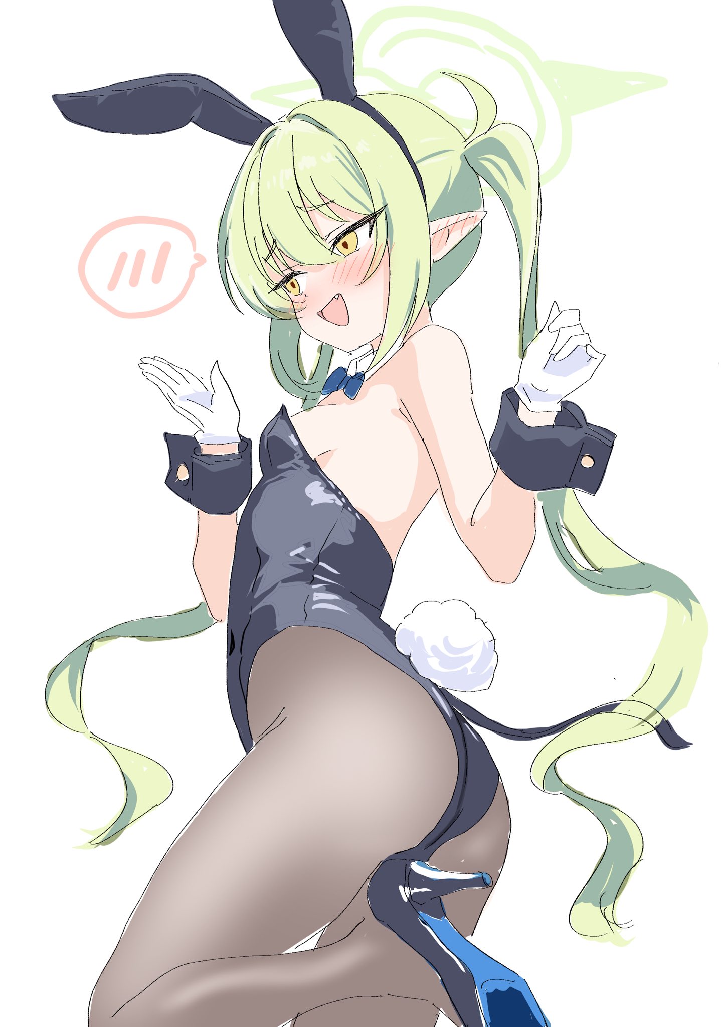 kamitosayu, nozomi (blue archive), blue archive, highres, 1girl, :d, animal ears, arms up, black pantyhose, blue hair, blush, breasts, cleavage cutout, clothing cutout, cowboy shot, detached collar, ear blush, facing to the side, fang, gloves, green halo, hair between eyes, halo, headband, high heels, leg up, long hair, looking at another, navel cutout, open mouth, pantyhose, playboy bunny, pointy ears, rabbit ears, rabbit tail, shiny clothes, simple background, small breasts, smile, solo, spoken blush, tail, twintails, white background, white gloves, wrist cuffs, yellow eyes
