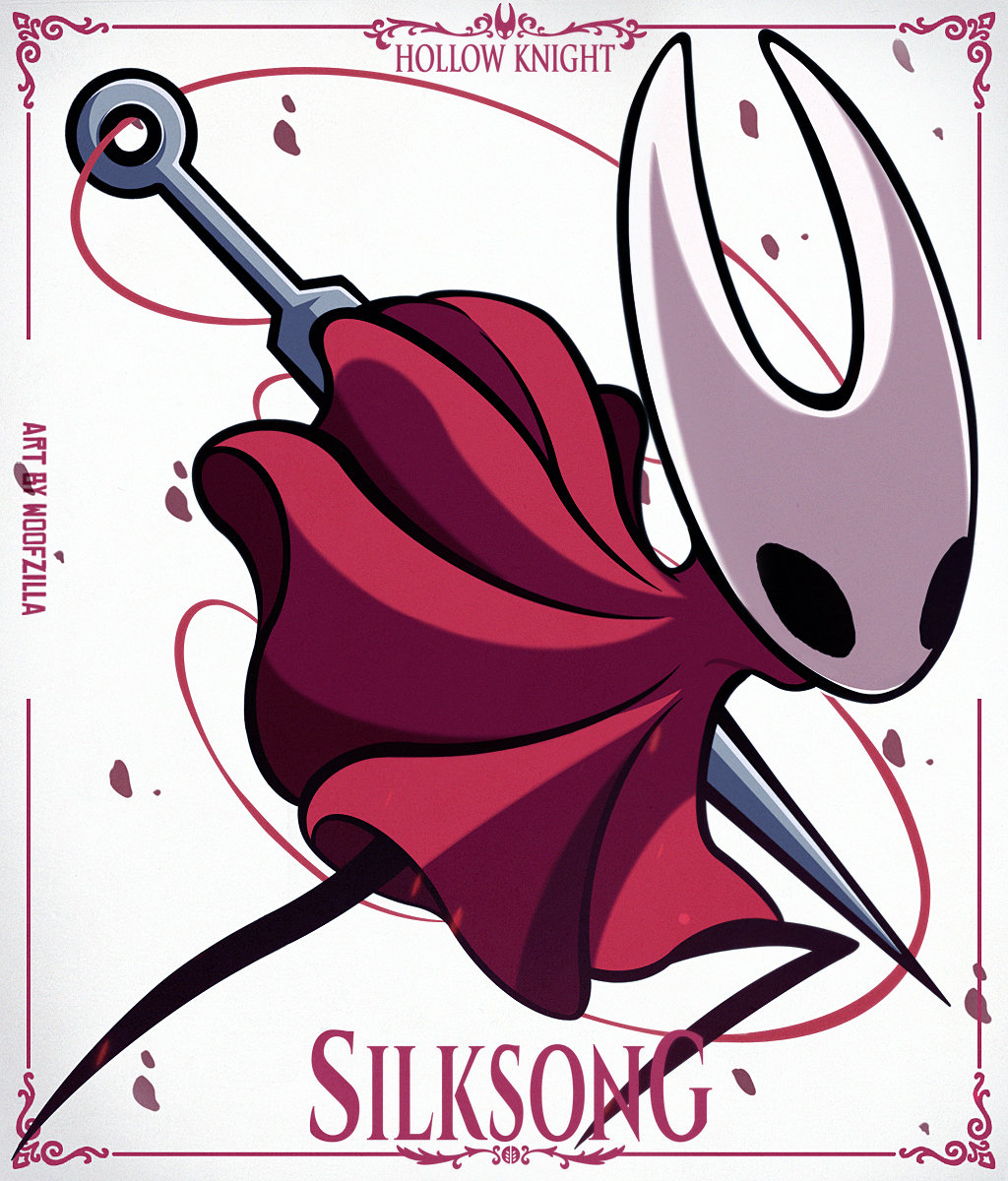 woofzilla, hornet (hollow knight), hollow knight, hollow knight: silksong, commentary, english commentary, highres, mixed-language commentary, 1girl, artist name, black eyes, cloak, copyright name, full body, needle, red cloak, sewing needle, simple background, solo, thread, white background