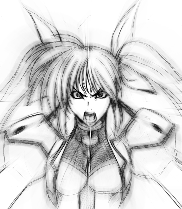 hagane soushi, takamachi nanoha, takamachi nanoha (exceed mode), lyrical nanoha, mahou shoujo lyrical nanoha, mahou shoujo lyrical nanoha strikers, 00s, 1girl, angry, female focus, greyscale, hair ribbon, jacket, magical girl, monochrome, open clothes, open jacket, ribbon, sketch, solo, twintails, white devil