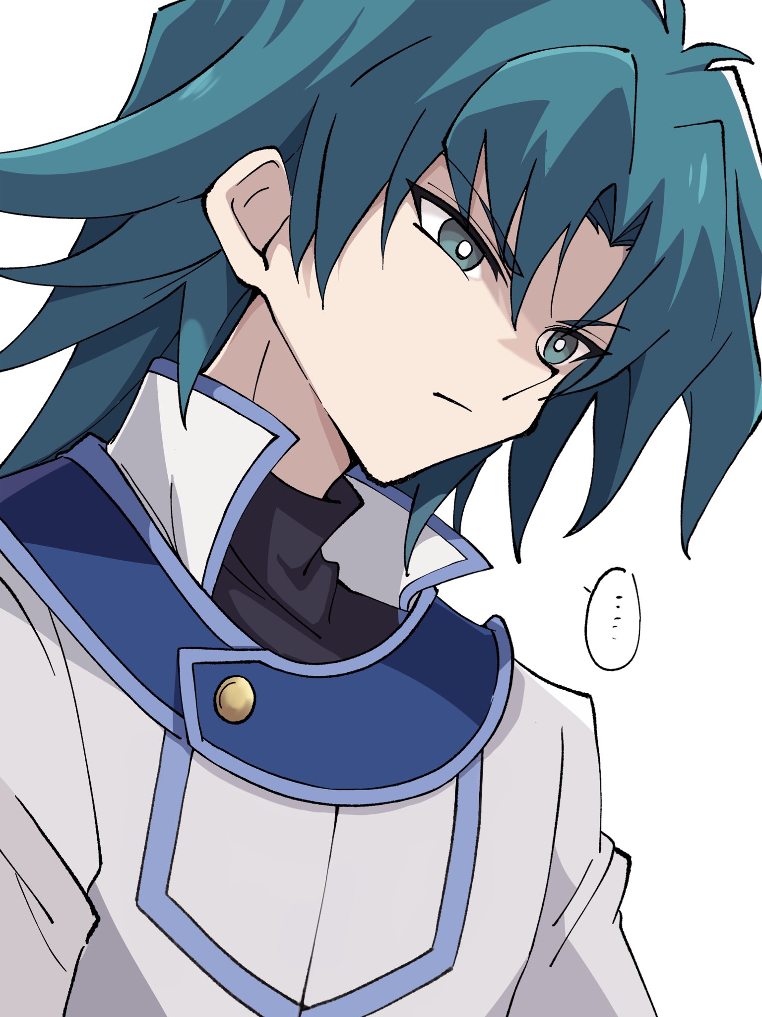 niyane, marufuji ryo, yu-gi-oh!, yu-gi-oh! gx, highres, …, 1boy, blue eyes, blue hair, bright pupils, closed mouth, high collar, jacket, male focus, parted bangs, short hair, simple background, solo, spoken ellipsis, turtleneck, upper body, white background, white jacket, white pupils