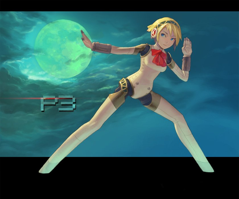 on4ce, aigis (persona), atlus, persona, persona 3, android, blonde hair, blue eyes, cloud, fighting stance, full moon, moon, short hair, sky, solo