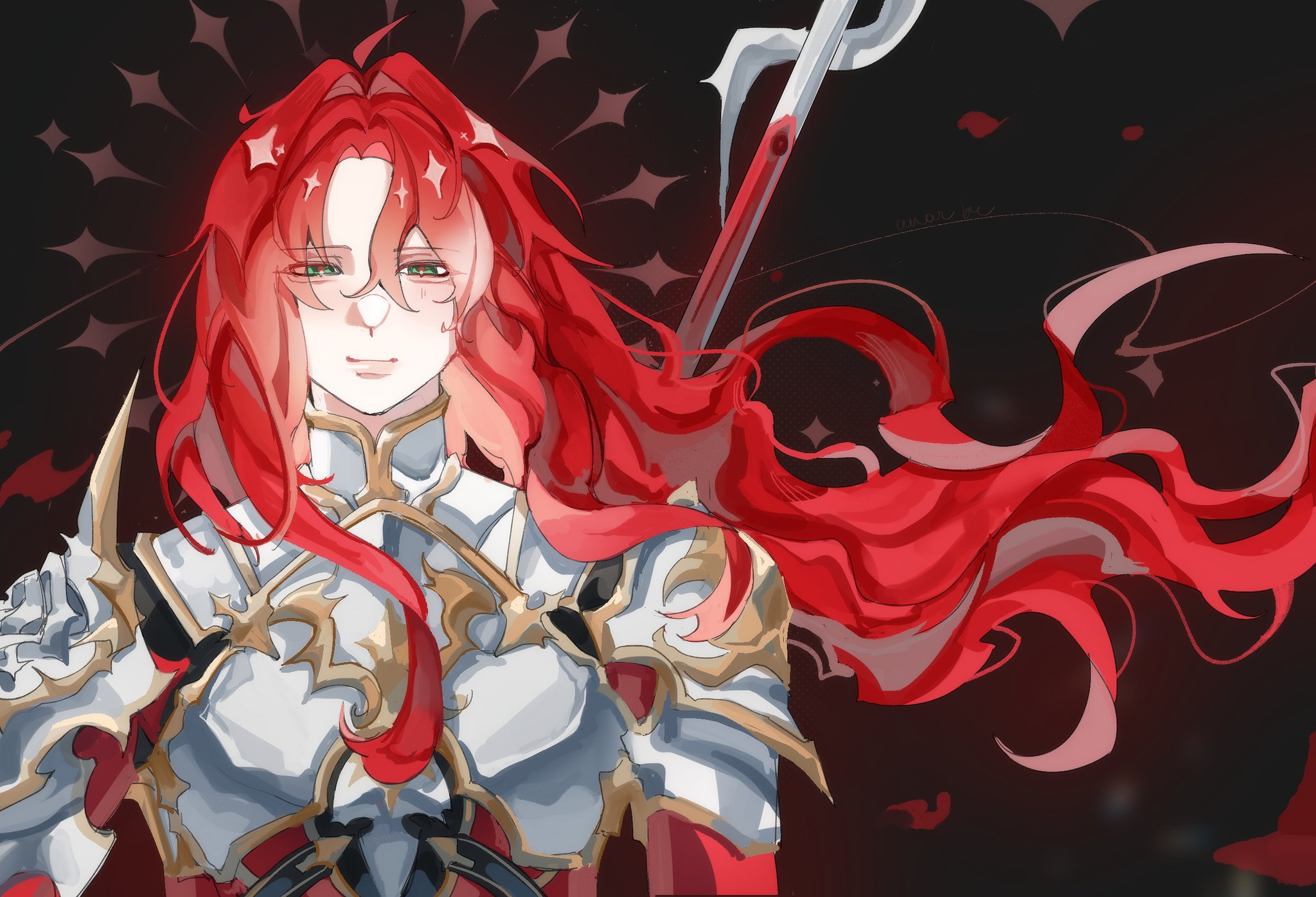 argenti (honkai: star rail), honkai: star rail, honkai (series), highres, 1boy, anar 9158, armor, closed mouth, green eyes, hair ornament, long hair, looking at viewer, male focus, red hair, smile, solo, upper body