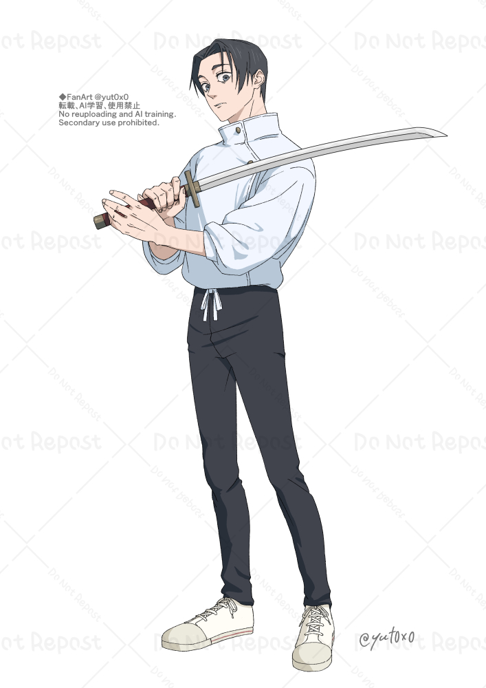 okkotsu yuuta, jujutsu kaisen, 1boy, black hair, full body, holding, holding sword, holding weapon, jacket, katana, male focus, shoes, short hair, sneakers, solo, standing, sword, weapon, white jacket, white shoes, yuto (yut0x0)