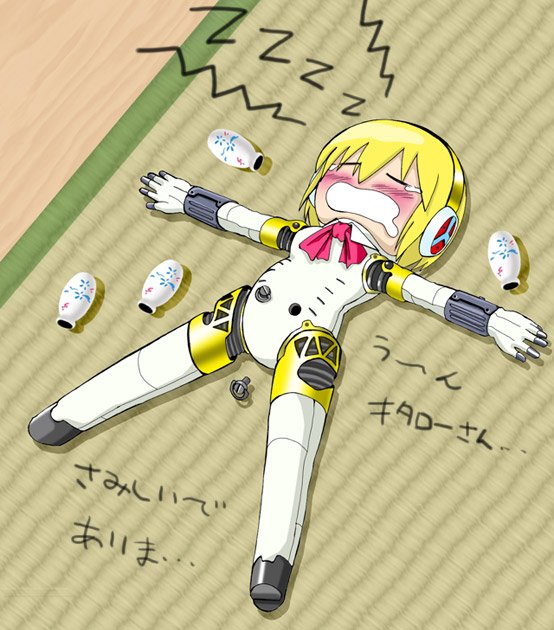 tanaka rikimaru, aigis (persona), atlus, persona, persona 3, bad id, bad pixiv id, translated, android, blonde hair, blue eyes, blush, chibi, drunk, lying, on back, short hair, sleeping