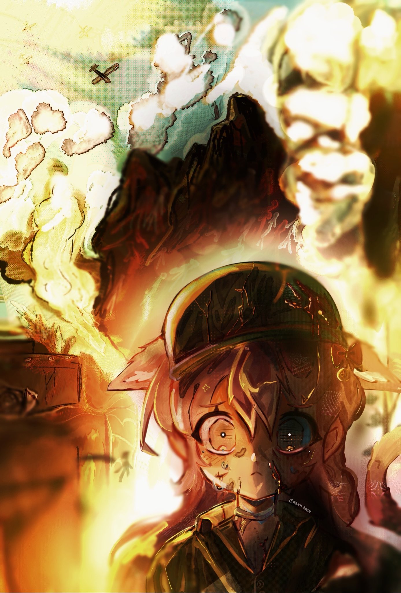 original, the two-thousand yard stare, commentary, english commentary, highres, 1girl, :<, aircraft, airplane, animal ears, black hat, black jacket, bright pupils, brown eyes, brown hair, cheek injury, cirsqn, closed mouth, constricted pupils, explosion, hair between eyes, hat, injury, jacket, long hair, looking at viewer, partially shaded face, smoke, solo, straight-on, thousand yard stare, white pupils