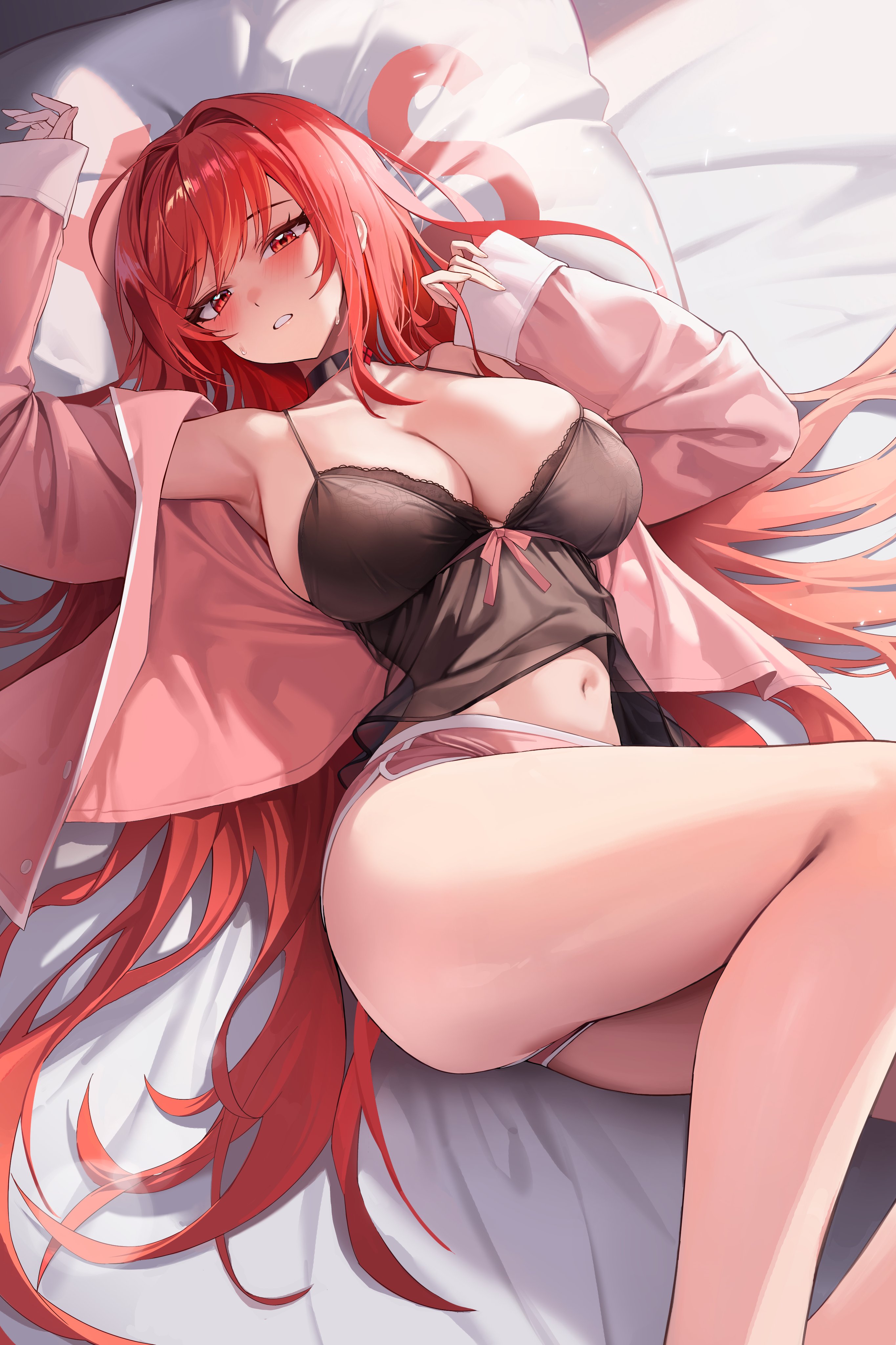 4q (lokcy516), rapi (nikke), rapi (red hood) (cherished red) (nikke), rapi (red hood) (nikke), goddess of victory: nikke, absurdres, commentary request, highres, 1girl, arm up, armpits, bed sheet, black choker, black nightgown, blush, breasts, choker, cleavage, dolphin shorts, huge breasts, indoors, lace-trimmed nightgown, long hair, long sleeves, looking at viewer, lying, midriff, navel, nightgown, official alternate costume, official alternate hair color, on bed, on side, pajamas, pillow, pink pajamas, pink shorts, red eyes, red hair, short shorts, shorts, solo, very long hair, yes-no pillow