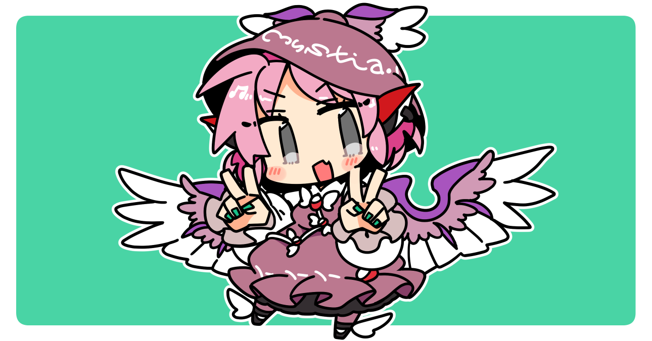 ini (inunabe00), mystia lorelei, touhou, commentary, 1girl, :d, animal ears, bird ears, bird girl, bird wings, black shoes, blush stickers, border, brown dress, brown hat, brown socks, chibi, chibi only, collared shirt, double v, dress, earrings, fang, full body, green nails, grey eyes, hat, jewelry, long sleeves, looking at viewer, nail polish, open mouth, outline, outside border, pink hair, shirt, shoes, short hair, simple background, single earring, skin fang, smile, socks, solo, v, v-shaped eyebrows, white border, white outline, white shirt, winged hat, winged shoes, wings