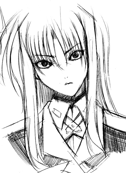 hagane soushi, fate testarossa, lyrical nanoha, mahou shoujo lyrical nanoha, mahou shoujo lyrical nanoha strikers, 00s, greyscale, military, military uniform, monochrome, sketch, solo