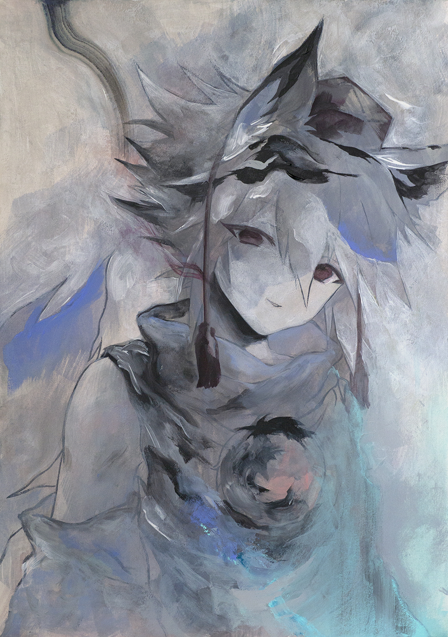 ikeda ruriko, inubashiri momiji, touhou, highres, painting (medium), traditional media, watercolor (medium), 1girl, animal ears, cropped torso, greyscale, looking at viewer, medium hair, monochrome, no headwear, pom pom (clothes), solo, wolf ears