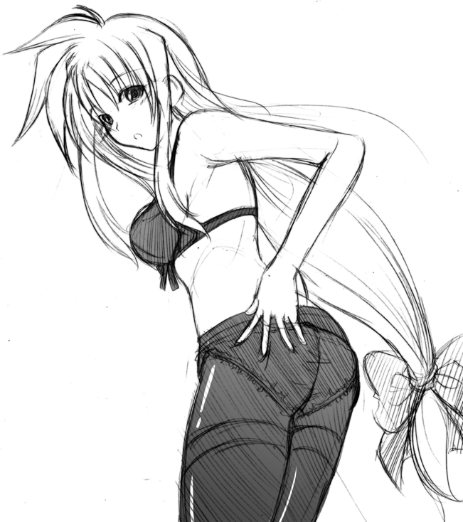 hagane soushi, fate testarossa, lyrical nanoha, mahou shoujo lyrical nanoha, mahou shoujo lyrical nanoha strikers, 00s, 1girl, ass, bra, female focus, greyscale, lingerie, long hair, low-tied long hair, monochrome, panties, panties under pantyhose, pantyhose, sketch, solo, thighband pantyhose, thighhighs, underwear, underwear only, very long hair