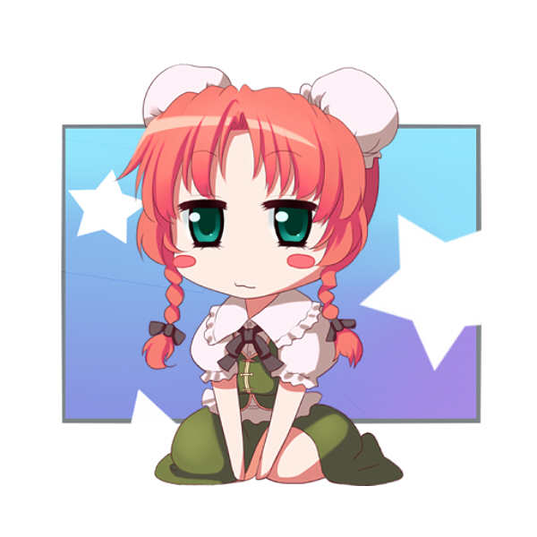 uruu gekka, hong meiling, touhou, 1girl, :3, alternate hairstyle, aqua eyes, blush stickers, bow, braid, bun cover, chibi, double bun, female focus, full body, gradient background, hair bow, hair bun, red hair, sitting, skirt, solo, star (symbol), twin braids, v arms, white background