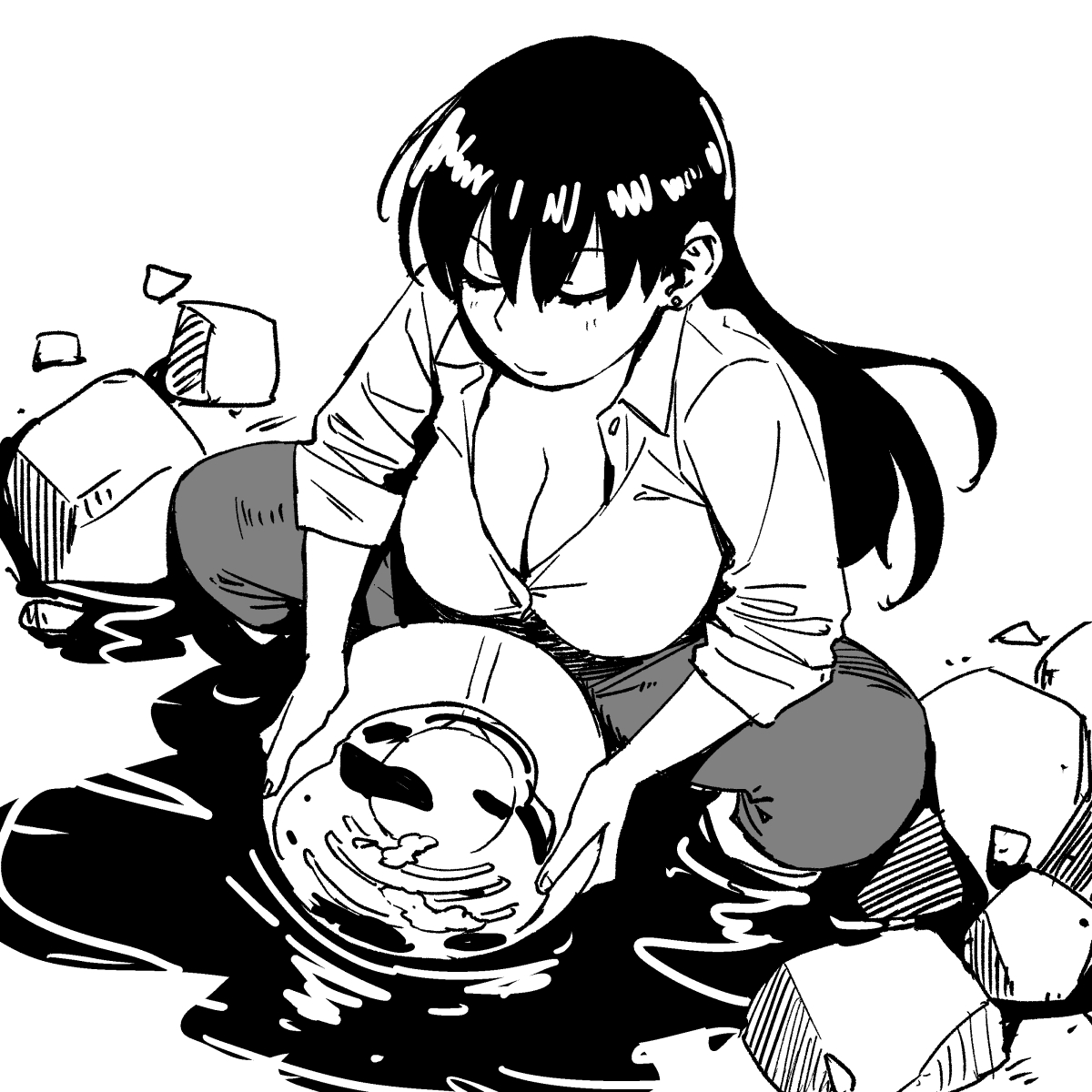 onsen tamago (hs egg), arato nagi, ruri no houseki, highres, 1girl, breasts, cleavage, closed mouth, collared shirt, dress shirt, earrings, greyscale, holding pan, jewelry, large breasts, long hair, long sleeves, monochrome, partially submerged, partially unbuttoned, rock, screentones, shirt, sleeves rolled up, solo, water, wet