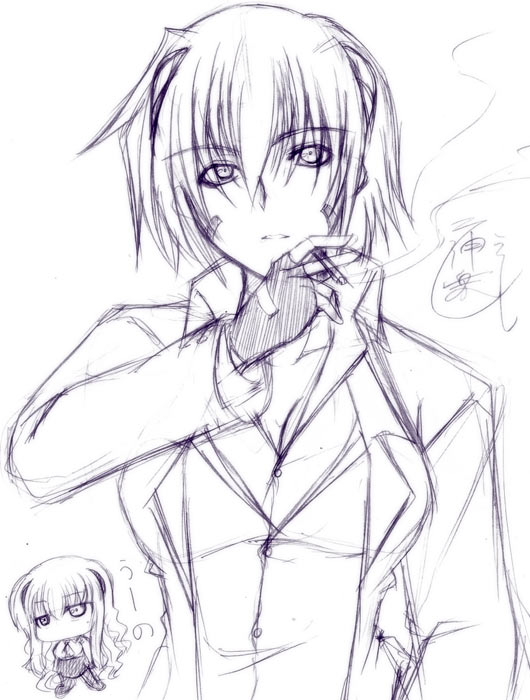 hagane soushi, numbers (nanoha), uno (nanoha), lyrical nanoha, mahou shoujo lyrical nanoha, mahou shoujo lyrical nanoha strikers, 00s, 1girl, cigarette, female focus, fingerless gloves, gloves, monochrome, purple theme, short hair, sketch, solo