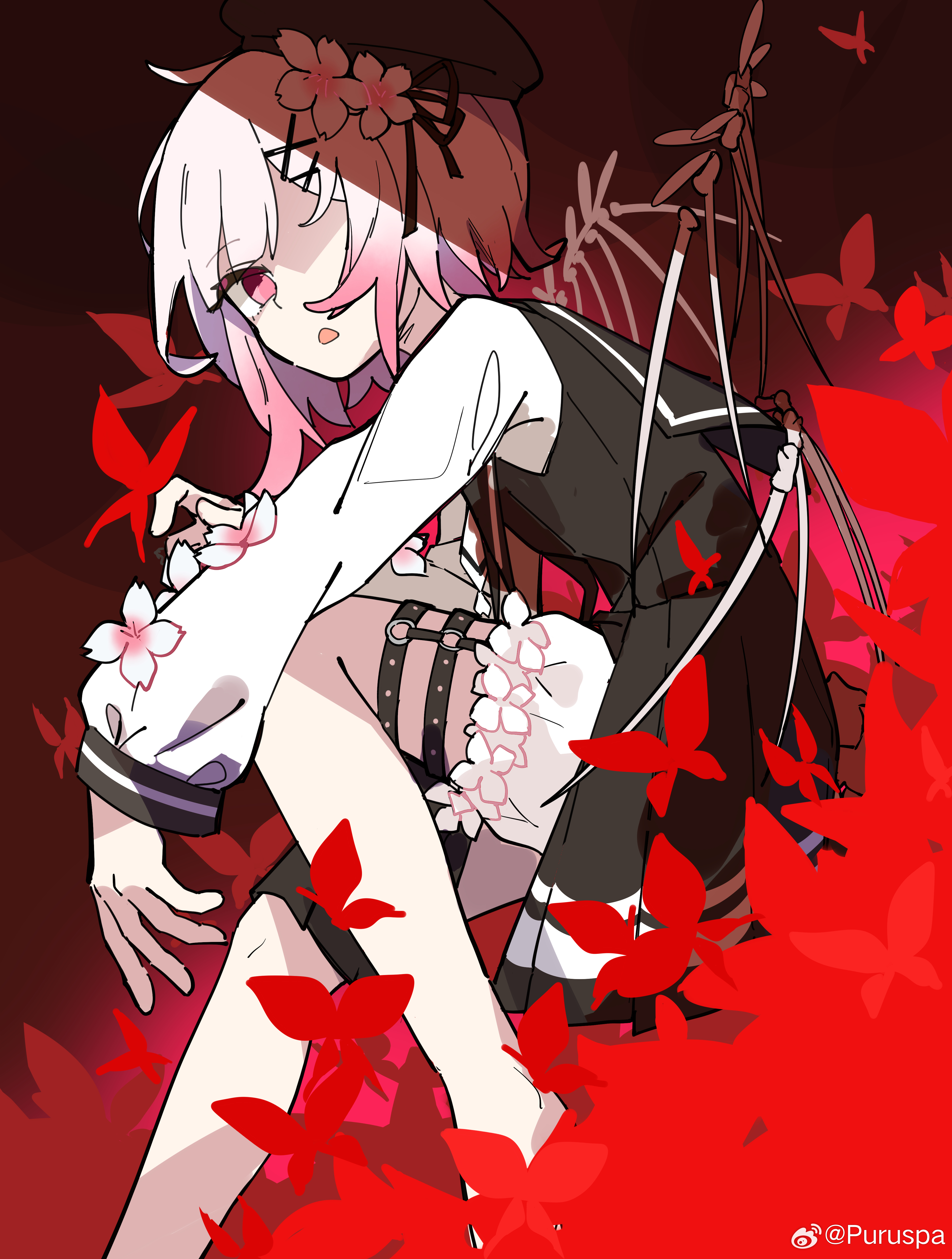 33puruspa, sakuraba ema, mahou shoujo no majo saiban, absurdres, chinese commentary, commentary request, highres, spoilers, 1girl, beret, black dress, black hat, black ribbon, bug, butterfly, cherry blossoms, dress, flower, gradient hair, hair flower, hair ornament, hat, insect, long sleeves, looking at viewer, magical girl, multicolored hair, o-ring, o-ring thigh strap, open mouth, pink eyes, pink hair, red butterfly, ribbon, shaded face, short hair, sitting, skeletal wings, solo, thigh strap, watermark, weibo watermark, white flower, white hair, wings, x hair ornament