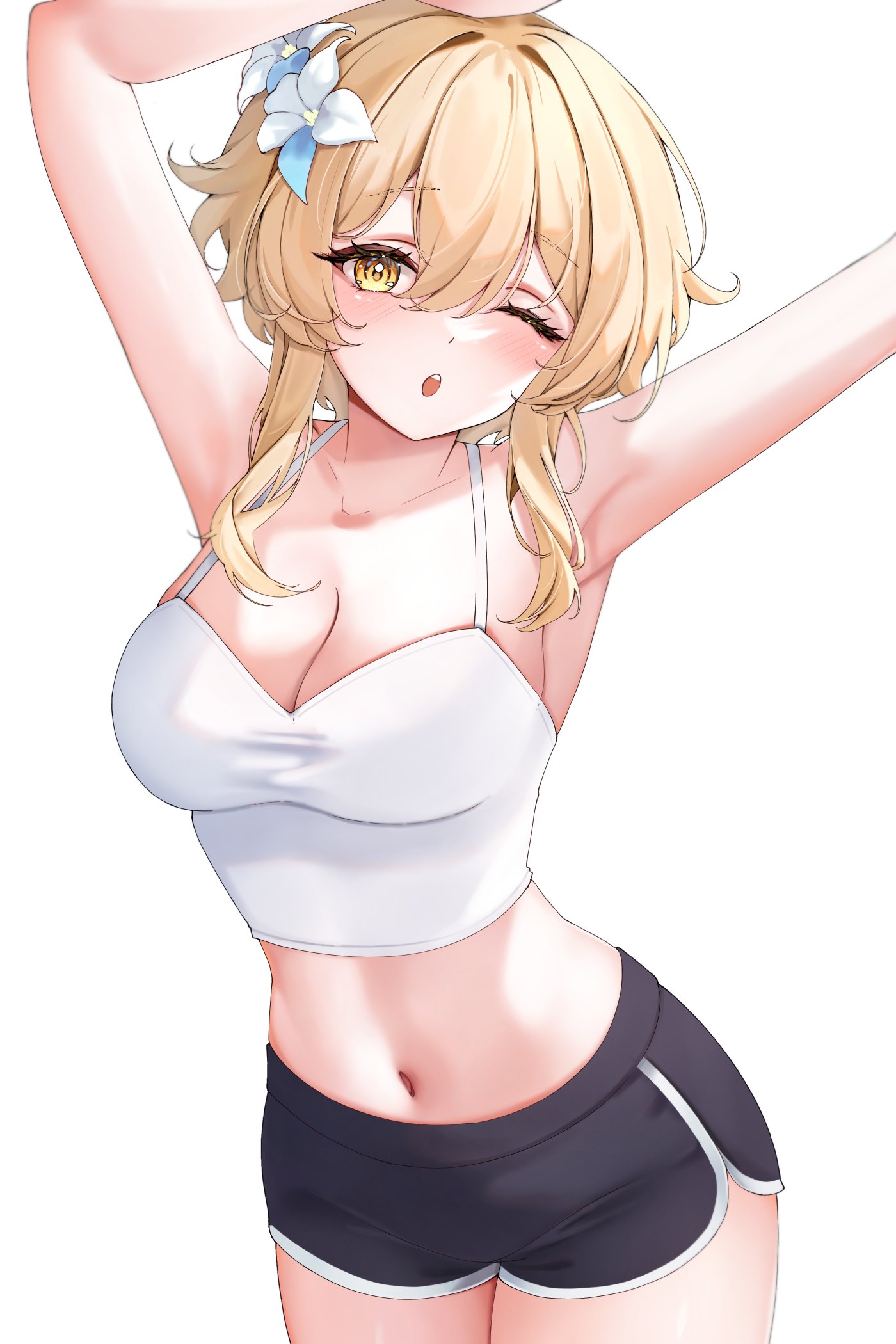 lumine (genshin impact), genshin impact, commentary request, highres, 1girl, armpits, arms up, black shorts, blonde hair, blush, breasts, cleavage, cowboy shot, crop top, dolphin shorts, double-parted bangs, flower, hair between eyes, hair flower, hair ornament, large breasts, looking at viewer, medium hair, midriff, one eye closed, open mouth, riria mona1, short shorts, shorts, simple background, solo, tank top, white background, white tank top, yellow eyes