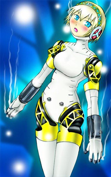 tanaka rikimaru, aigis (persona), atlus, persona, persona 3, bad id, bad pixiv id, android, blonde hair, blue eyes, blush, open mouth, smoke, solo, steam