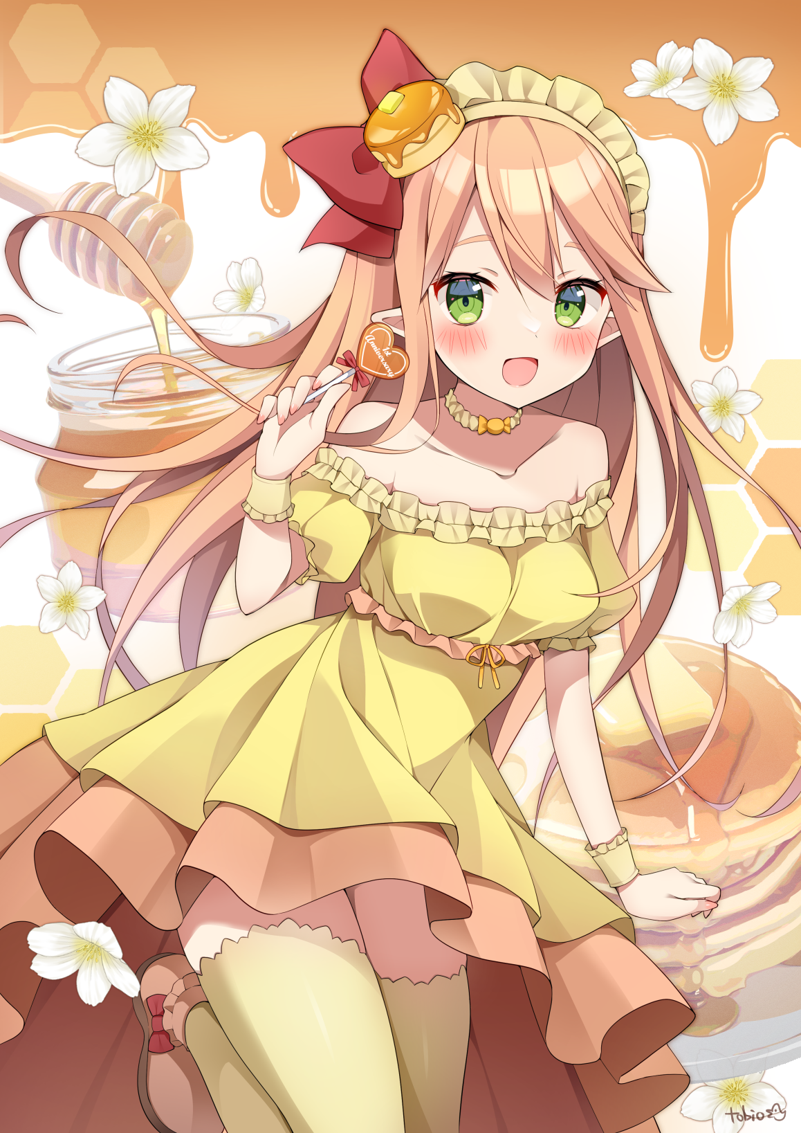 tobio illust, indie virtual youtuber, commentary, commission, highres, skeb commission, 1girl, :d, bare shoulders, blush, bow, breasts, candy, choker, collarbone, cowboy shot, double-parted bangs, dress, food, green eyes, hair bow, hand up, heart, heart-shaped food, heart-shaped lollipop, holding, holding candy, holding food, holding lollipop, honey, kanmi hachimitsu, lollipop, long hair, looking at viewer, maid headdress, medium breasts, off-shoulder dress, off shoulder, open mouth, orange hair, pancake, pancake stack, red bow, shaped lollipop, short sleeves, smile, solo, standing, standing on one leg, thick eyebrows, thighhighs, virtual youtuber, yellow choker, yellow dress, yellow thighhighs