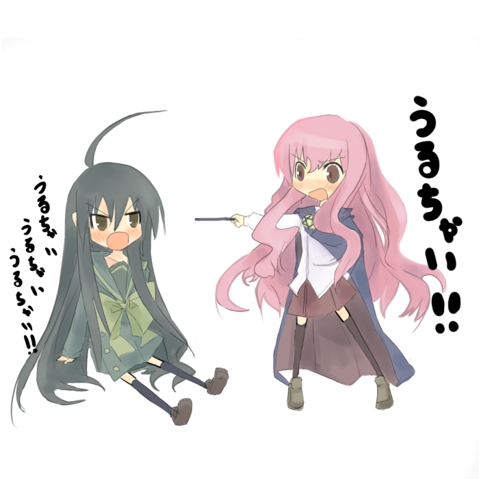 kugimiya rie, louise francoise le blanc de la valliere, shana, shakugan no shana, zero no tsukaima, artist request, translated, 00s, 2girls, ahoge, angry, black hair, black thighhighs, blush, cape, long hair, multiple girls, pentacle, pink hair, school uniform, thighhighs, tsundere, voice actor connection, wand, white background, zettai ryouiki