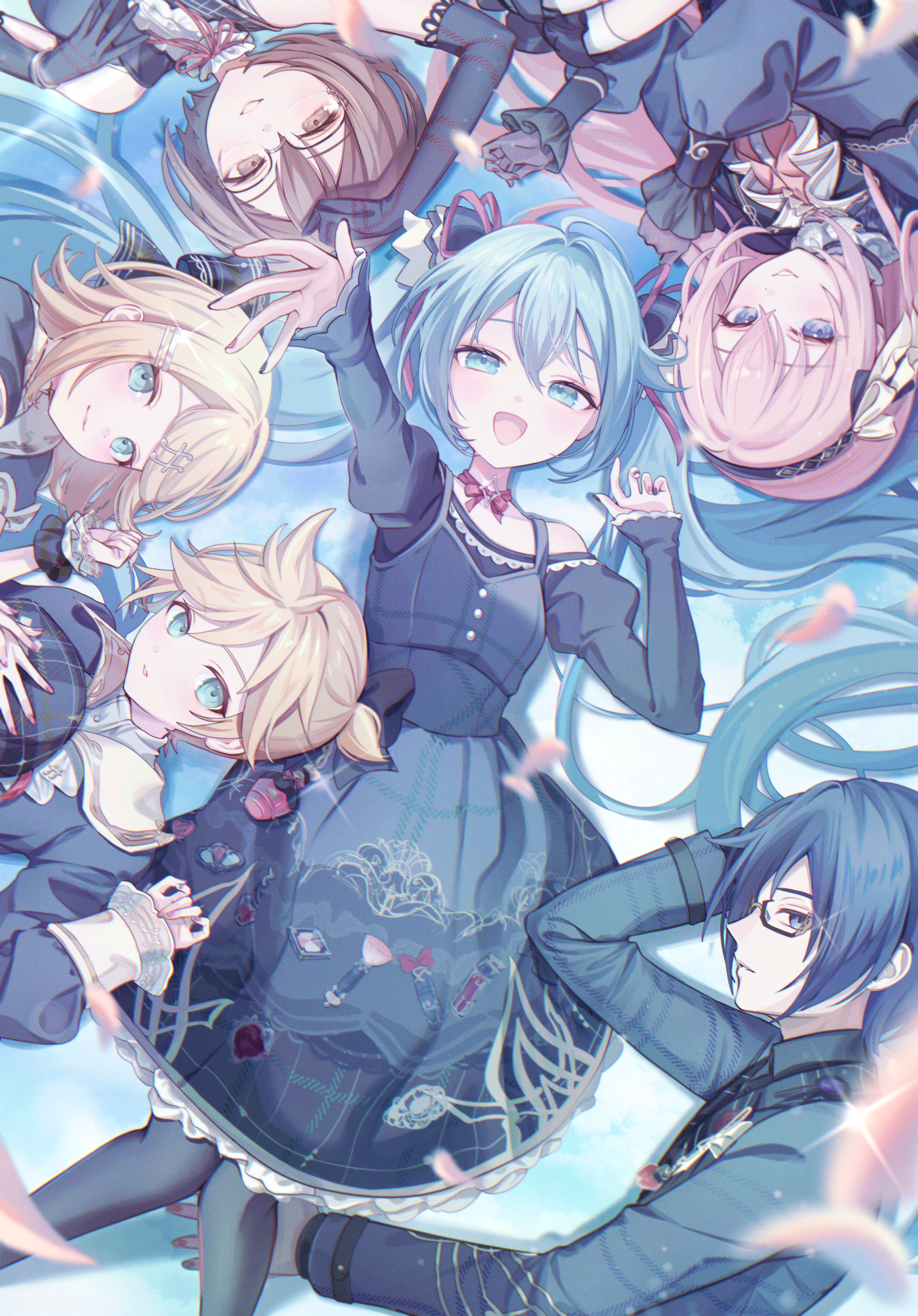 vs0mr, hatsune miku, kagamine len, kagamine rin, kaito (vocaloid), megurine luka, meiko (vocaloid), project sekai, vocaloid, absurdres, highres, 2boys, 4girls, aqua eyes, aqua hair, arm up, black dress, black hair, black nails, black pantyhose, blonde hair, blue eyes, brother and sister, brown eyes, brown hair, closed mouth, dress, glasses, green shirt, hair between eyes, hair ornament, light blush, long sleeves, looking at viewer, lying, multiple boys, multiple girls, on back, on side, open mouth, pantyhose, pink hair, pink nails, puffy long sleeves, puffy sleeves, scrunchie, shirt, short hair, siblings, smile, twintails, wrist scrunchie