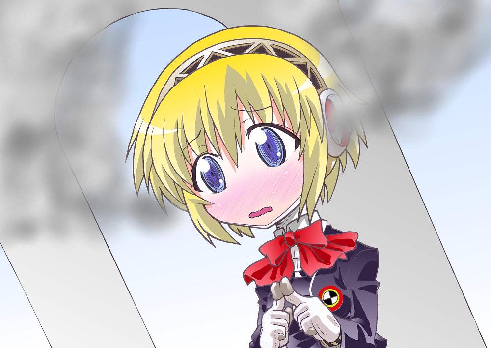 segami daisuke, aigis (persona), atlus, persona, persona 3, fingers together, screencap, 1girl, android, blonde hair, blue eyes, blush, embarrassed, female focus, index fingers together, no nose, short hair, smoke, solo, wavy mouth