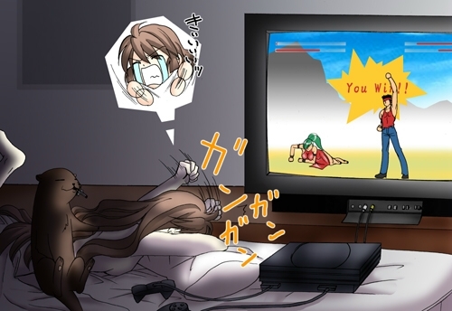console, lowres, 1girl, angry, bed, breasts, brown hair, cat, female focus, game console, large breasts, long hair, medium breasts, otter, pillow, playing games, solo, tears, television, topfreedom, topless female, video game