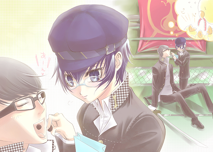 sakurasawa yukino, narukami yu, shirogane naoto, atlus, persona, persona 4, 1boy, 1girl, androgynous, blue eyes, blue hair, chocolate, couple, feeding, gakuran, glasses, hat, hetero, houndstooth, newsboy cap, reverse trap, school uniform, short hair, smile, sword, weapon