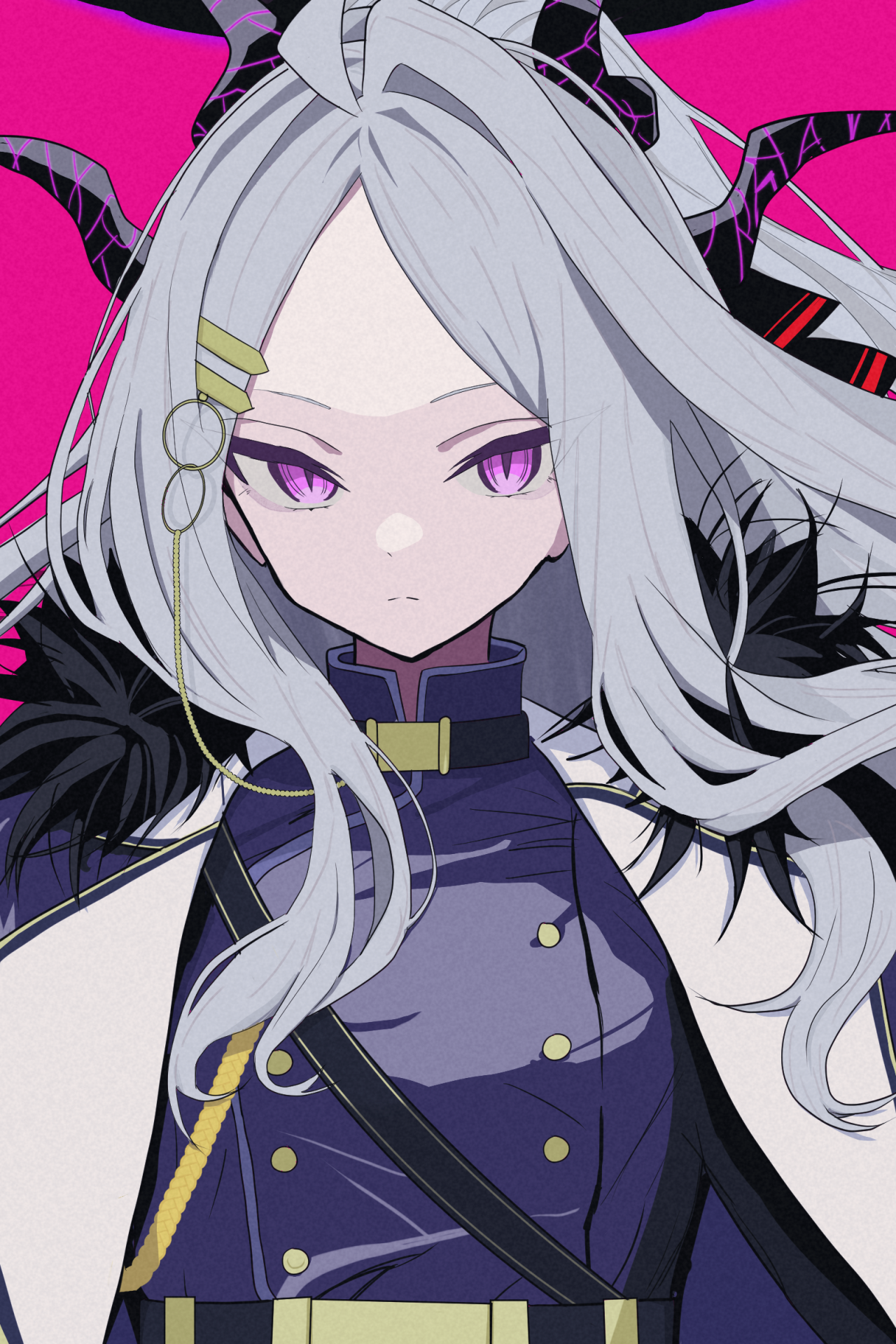 hina (blue archive), blue archive, commentary, highres, >:(, 1girl, ahoge, black coat, black halo, blush, breasts, coat, coat on shoulders, demon girl, demon horns, halo, horns, long hair, looking at viewer, mira6 vrc, purple eyes, simple background, small breasts, solo, v-shaped eyebrows, white hair