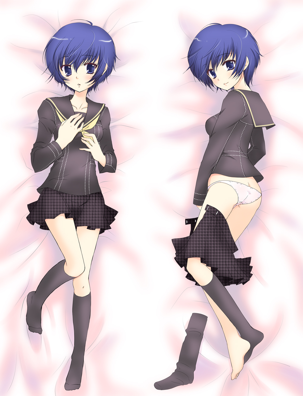 mika mikan, shirogane naoto, atlus, persona, persona 4, plaid, bad id, bad pixiv id, highres, 1girl, ass, barefoot, bed, bed sheet, black socks, blue eyes, blue hair, blush, clothes pull, dakimakura (medium), feet, houndstooth, kneehighs, lying, multiple views, no pants, open clothes, open skirt, panties, school uniform, serafuku, short hair, single sock, skirt, skirt pull, socks, the bed, underwear, white panties