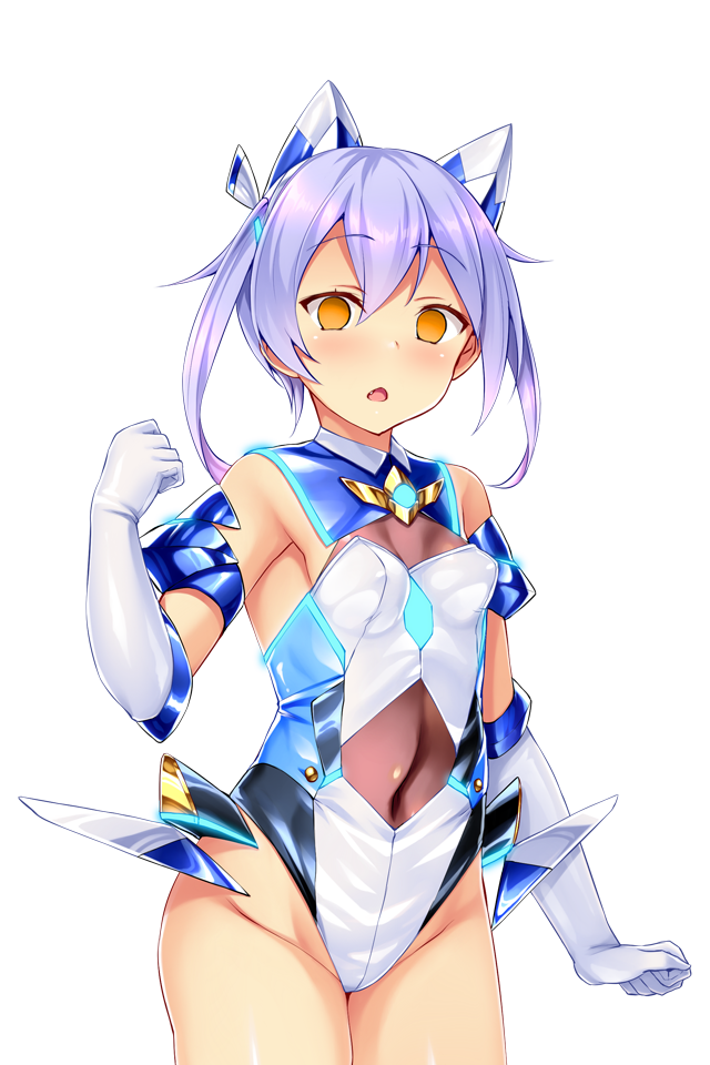 satou kuuki, fujii natsumi (ysphere), soukou seiki ysphere, game cg, large variant set, non-web source, official art, variant set, 1girl, bare shoulders, blue-tinted eyewear, blush, breasts, chestnut mouth, covered navel, cowboy shot, elbow gloves, empty eyes, gloves, groin, hair between eyes, hair ornament, highleg, highleg leotard, leotard, looking at viewer, multicolored leotard, open mouth, orange eyes, purple hair, short hair, simple background, small breasts, solo, standing, thighhighs, tinted eyewear, transparent background, triangle mouth, twintails, two-tone leotard, white background, white gloves, white leotard, yellow eyes, ys aqua