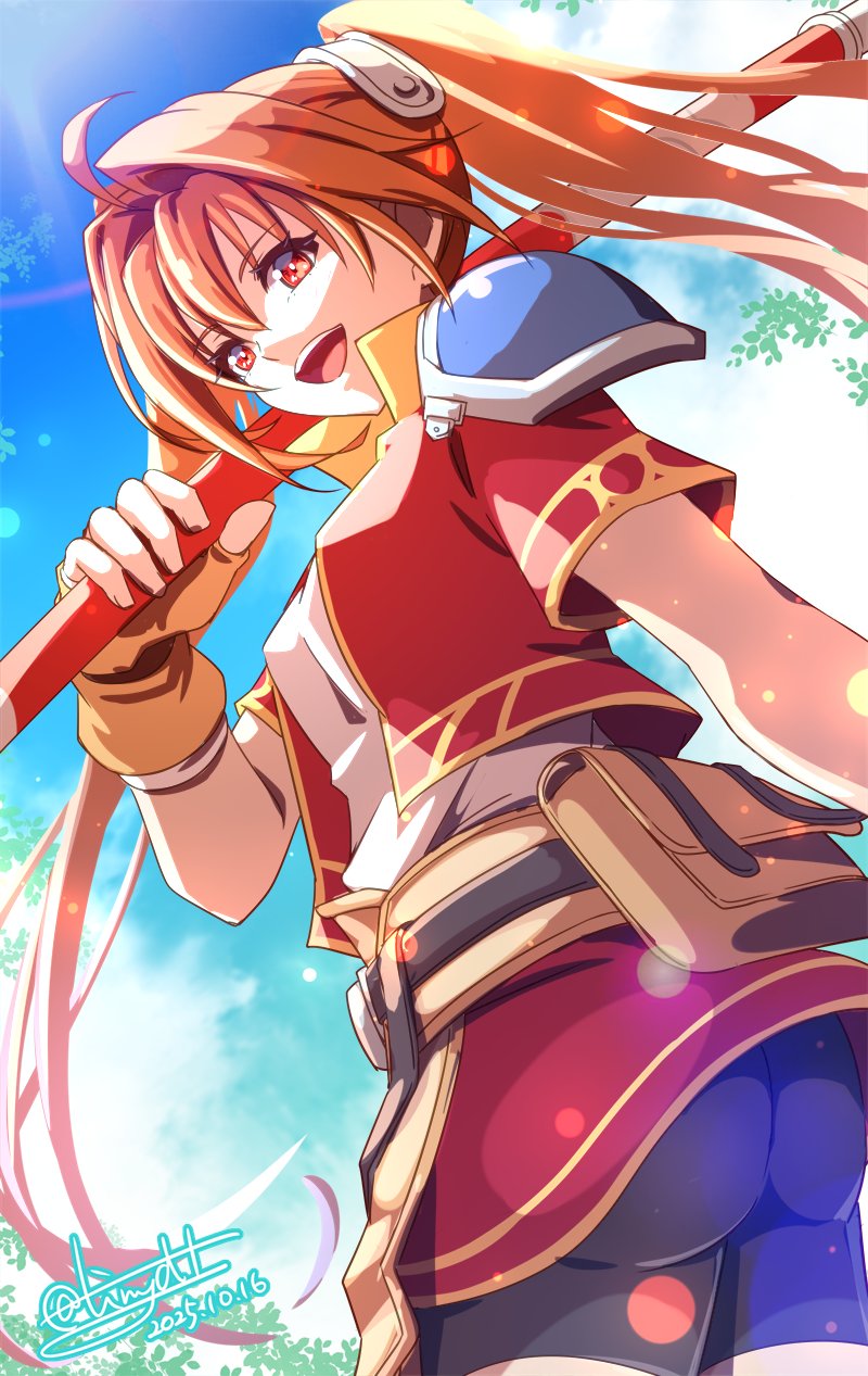 tinybiard, estelle bright, eiyuu densetsu, sora no kiseki, highres, 1girl, ahoge, antenna hair, armor, belt pouch, bike shorts, bike shorts under skirt, blue sky, bo staff, brown gloves, brown hair, cloud, cropped jacket, fingerless gloves, gloves, hair intakes, holding, holding staff, holding weapon, long hair, looking at viewer, open mouth, outdoors, pauldrons, pouch, red eyes, short sleeves, shorts, shorts under skirt, shoulder armor, single pauldron, skirt, sky, smile, solo, staff, twintails, very long hair, weapon