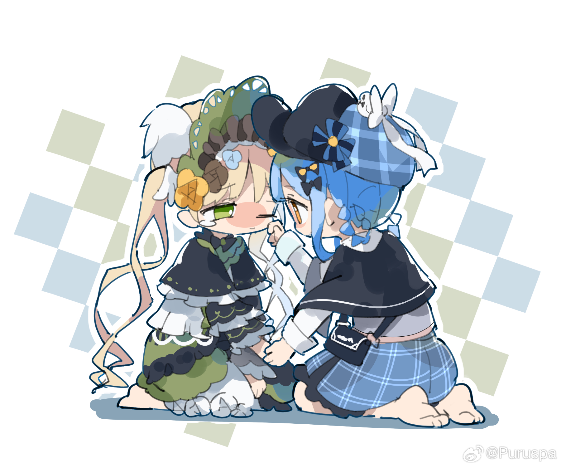 33puruspa, tachibana sherry, tono hanna, mahou shoujo no majo saiban, chinese commentary, commentary request, highres, 2girls, barefoot, black bag, black capelet, black hat, blonde hair, blue hair, blue skirt, braid, braided hair rings, capelet, chibi, chibi only, deerstalker, dress, green dress, hair rings, hat, holding hands, long sleeves, looking at another, multiple girls, one eye closed, plaid clothes, plaid skirt, short hair, sitting, skirt, tears, twintails, watermark, weibo watermark, wiping tears, yellow eyes