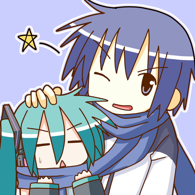 minami (colorful palette), chibi miku, hatsune miku, kaito (vocaloid), vocaloid, 1boy, 1girl, :<, aqua hair, blue eyes, blue hair, blue scarf, chibi, headpat, one eye closed, scarf, shared clothes, shared scarf, star (symbol), triangle mouth, twintails, wink