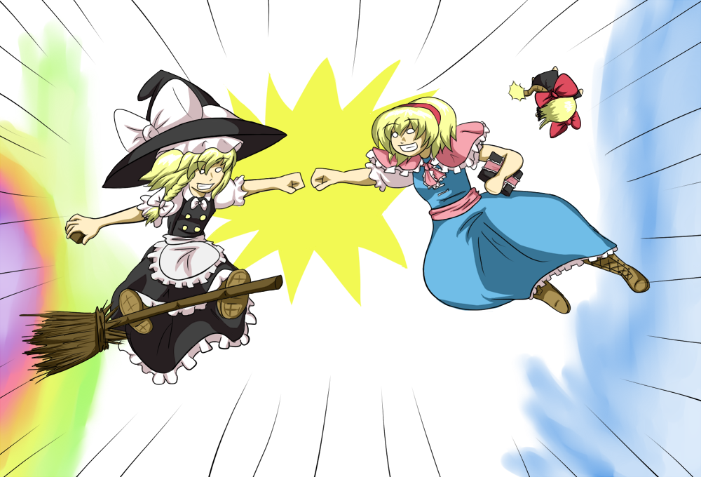 cookie (artist), alice margatroid, kirisame marisa, touhou, 2girls, blonde hair, book, broom, broom riding, doll, female focus, fist bump, grimoire, hat, multiple girls, ribbon, witch, witch hat