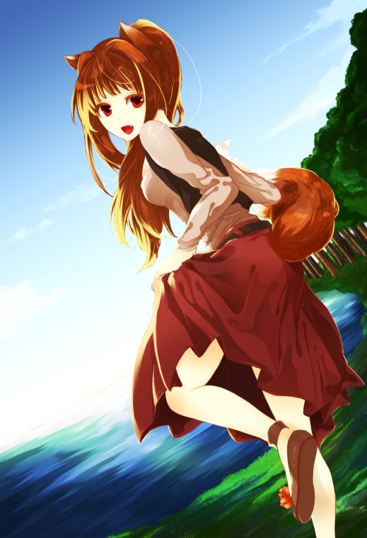 holo, spice and wolf, 00s, animal ears, brown hair, clothes lift, cloud, day, dress, fang, lake, long hair, ponytail, red eyes, skirt, skirt lift, smile, solo, tail, thighs, tree, wolf ears, wolf tail