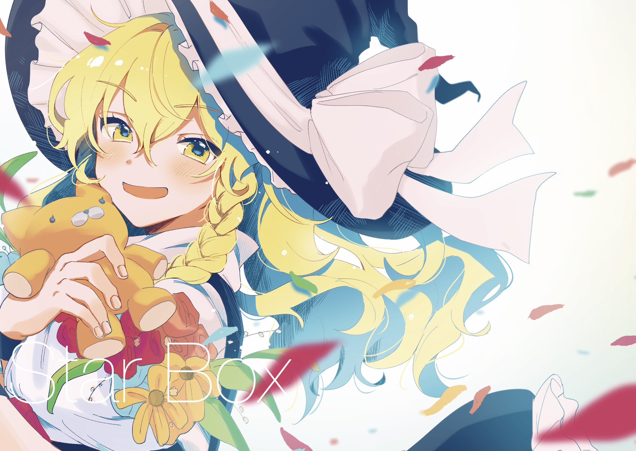 asanagi ron, kirisame marisa, touhou, commentary request, highres, 1girl, apron, blonde hair, blush, bow, braid, dress, flower, hair bow, hat, hat bow, long hair, monochrome, open mouth, ribbon, short hair, short sleeves, single braid, skirt, smile, solo, toy, witch hat, yellow eyes