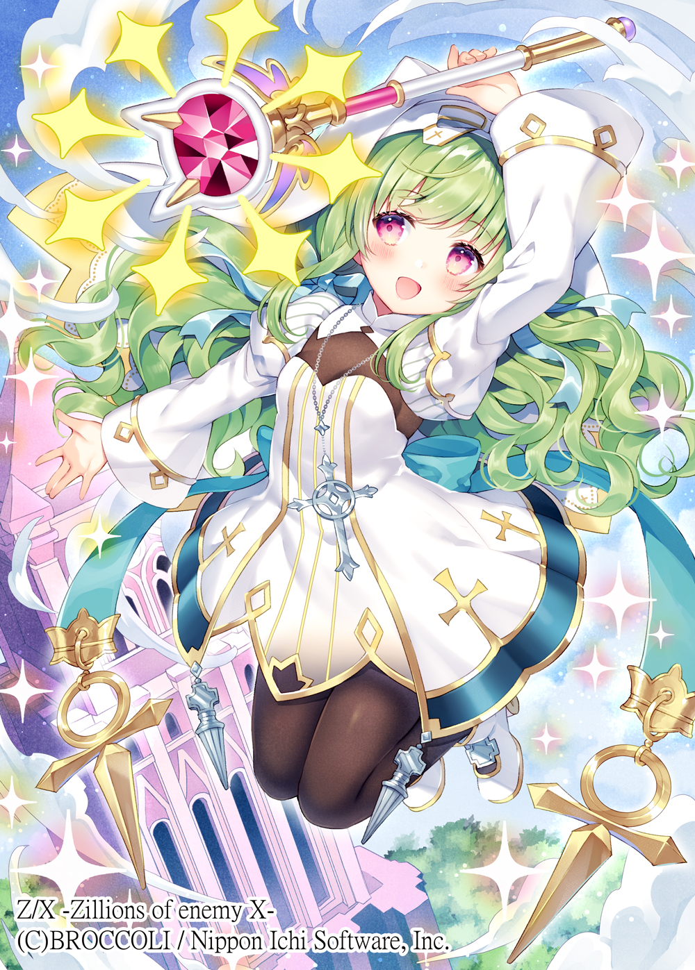 wasabi (sekai), z/x, highres, official art, 1girl, animal ear headwear, arm up, brown pantyhose, copyright notice, dress, fake animal ears, gem, gold trim, green hair, holding, holding staff, jewelry, long hair, long sleeves, necklace, open mouth, outdoors, pantyhose, pink eyes, pink gemstone, see-through cleavage, see-through clothes, shitorii nina, shoes, solo, sparkle, staff, white dress, white shoes